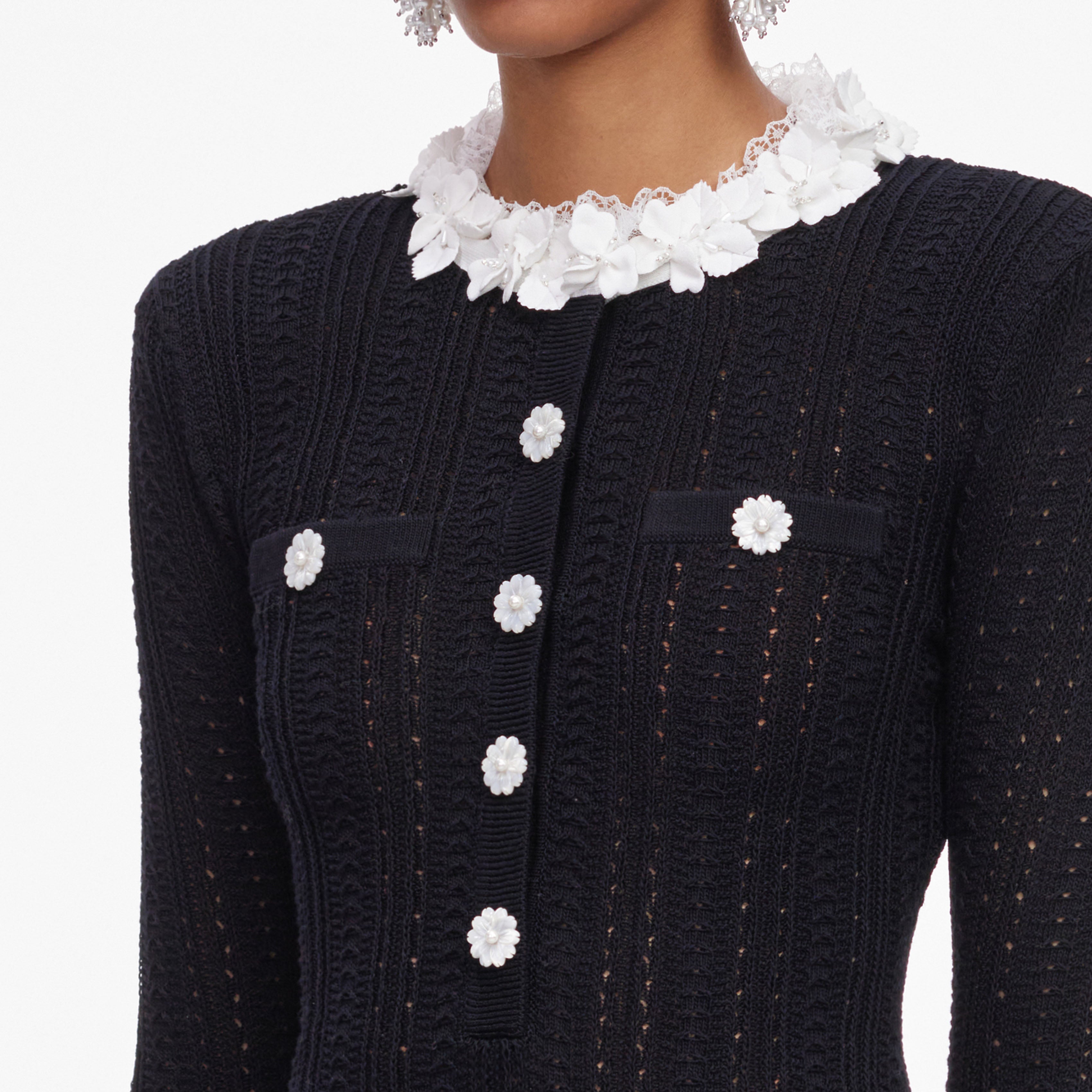Self Portrait Dresses Black Flower Trim Knit Mini Kleid