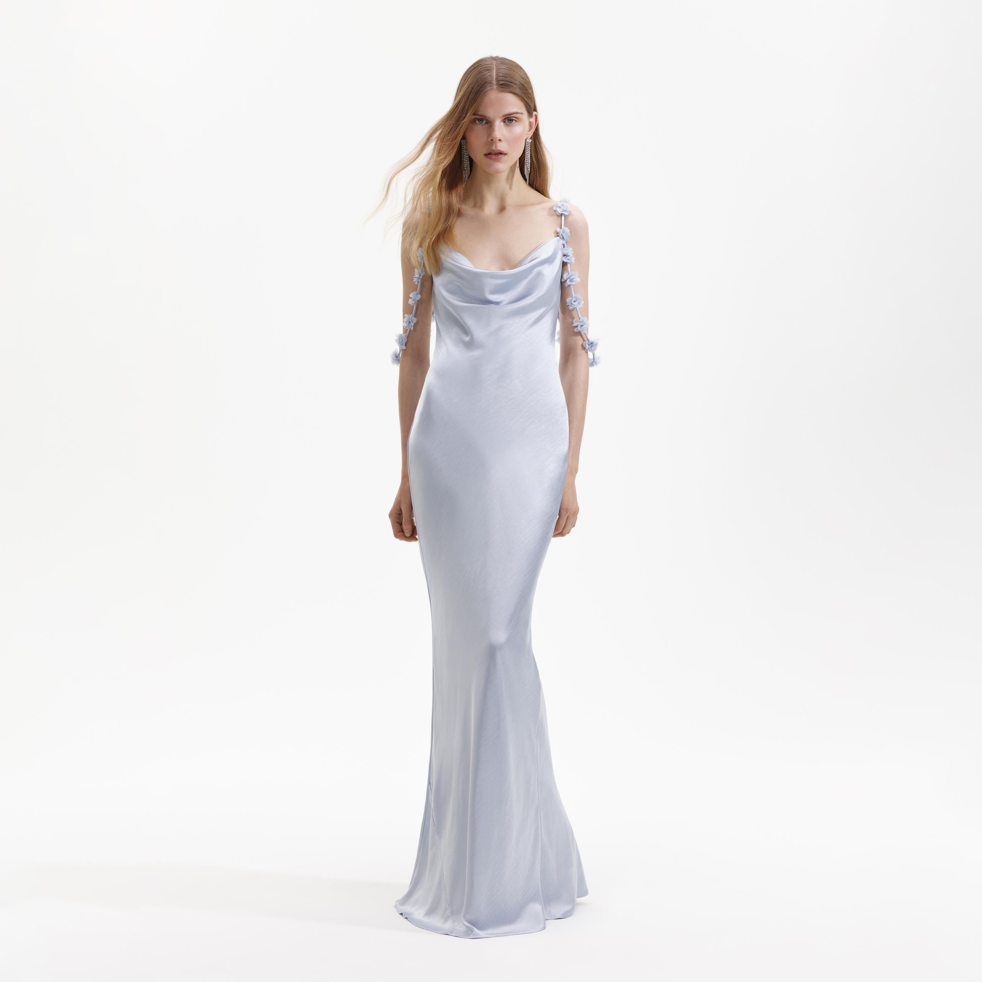 Self-Portrait Blue Satin Flower Maxikleid Blau Satin Gr. UK 4-16