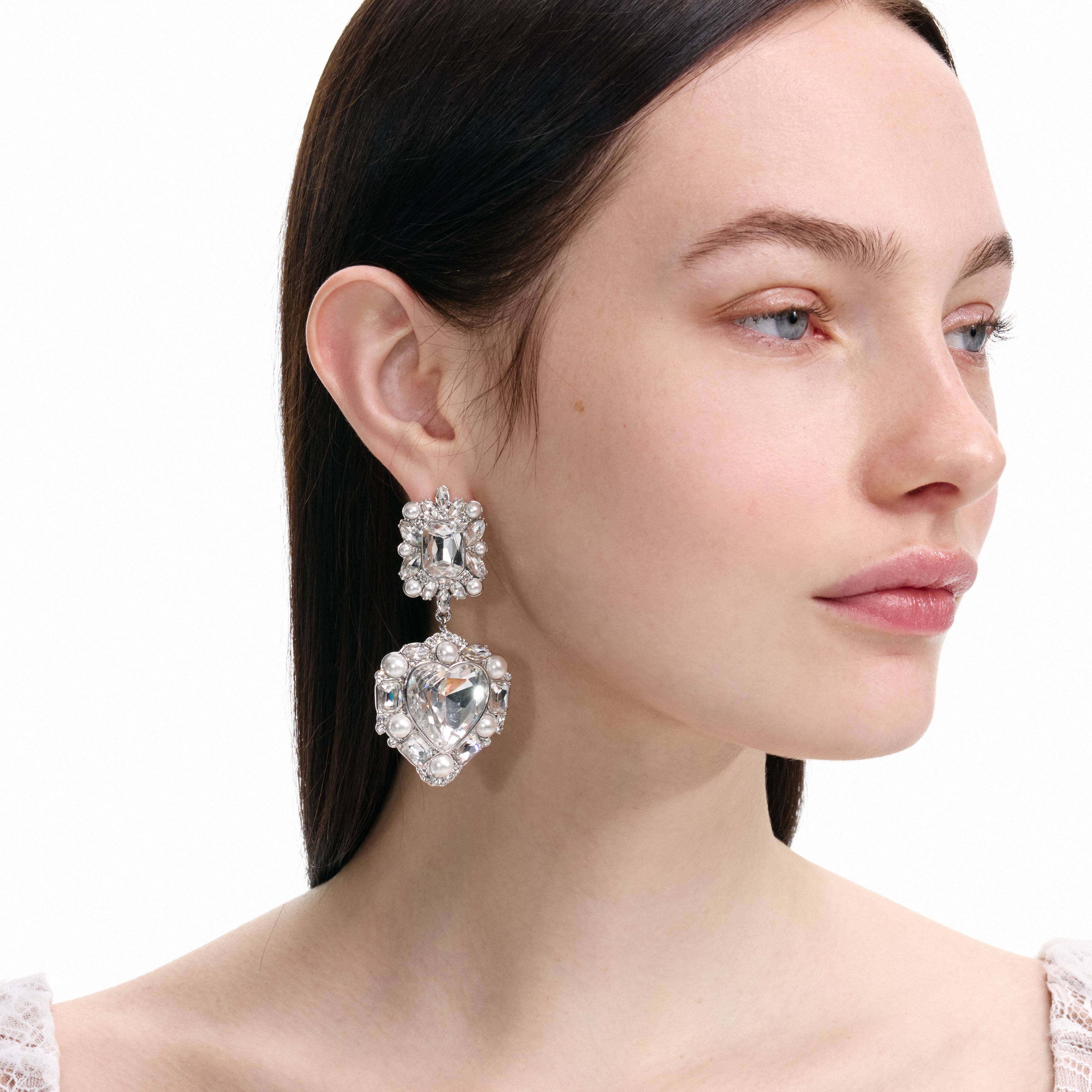 Self Portrait Crystal Pearl Tiered Heart Earrings Ohrringe Silber