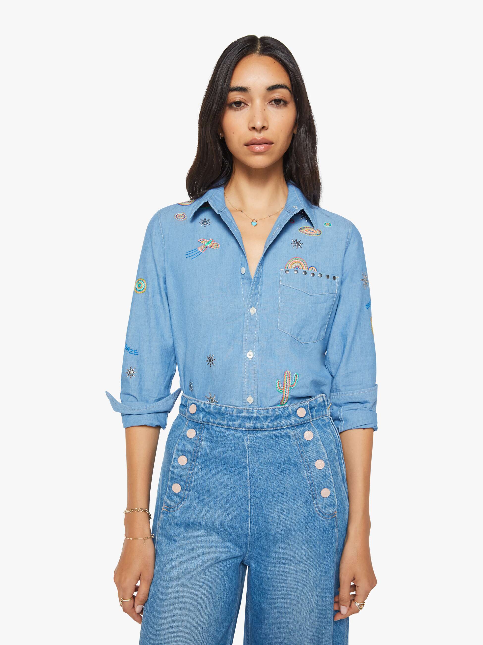 Mother The Foxy Boxy Bluse Hands Up blau Stickerei