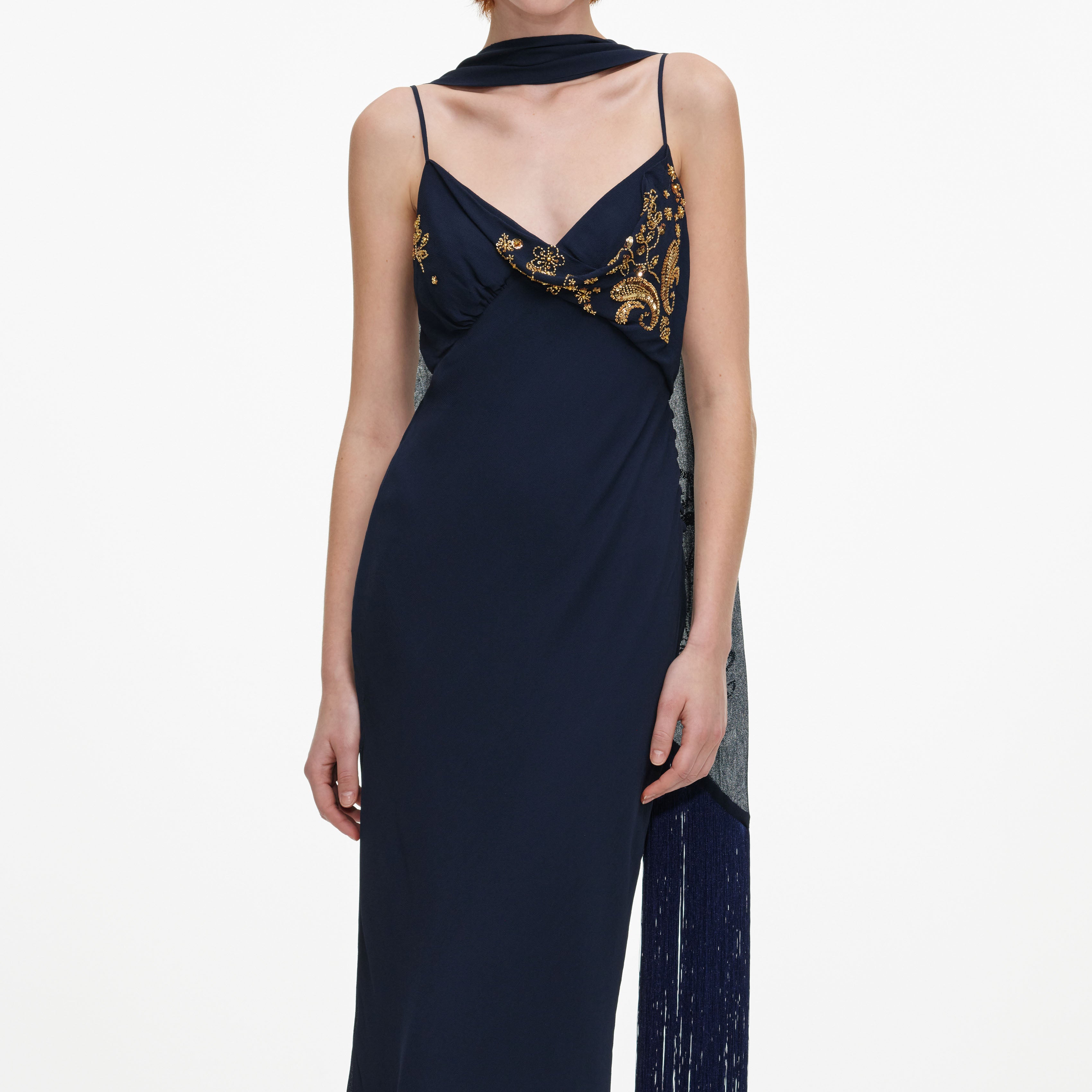 Self Portrait Navy Georgette Scarf Maxi Dress Blau