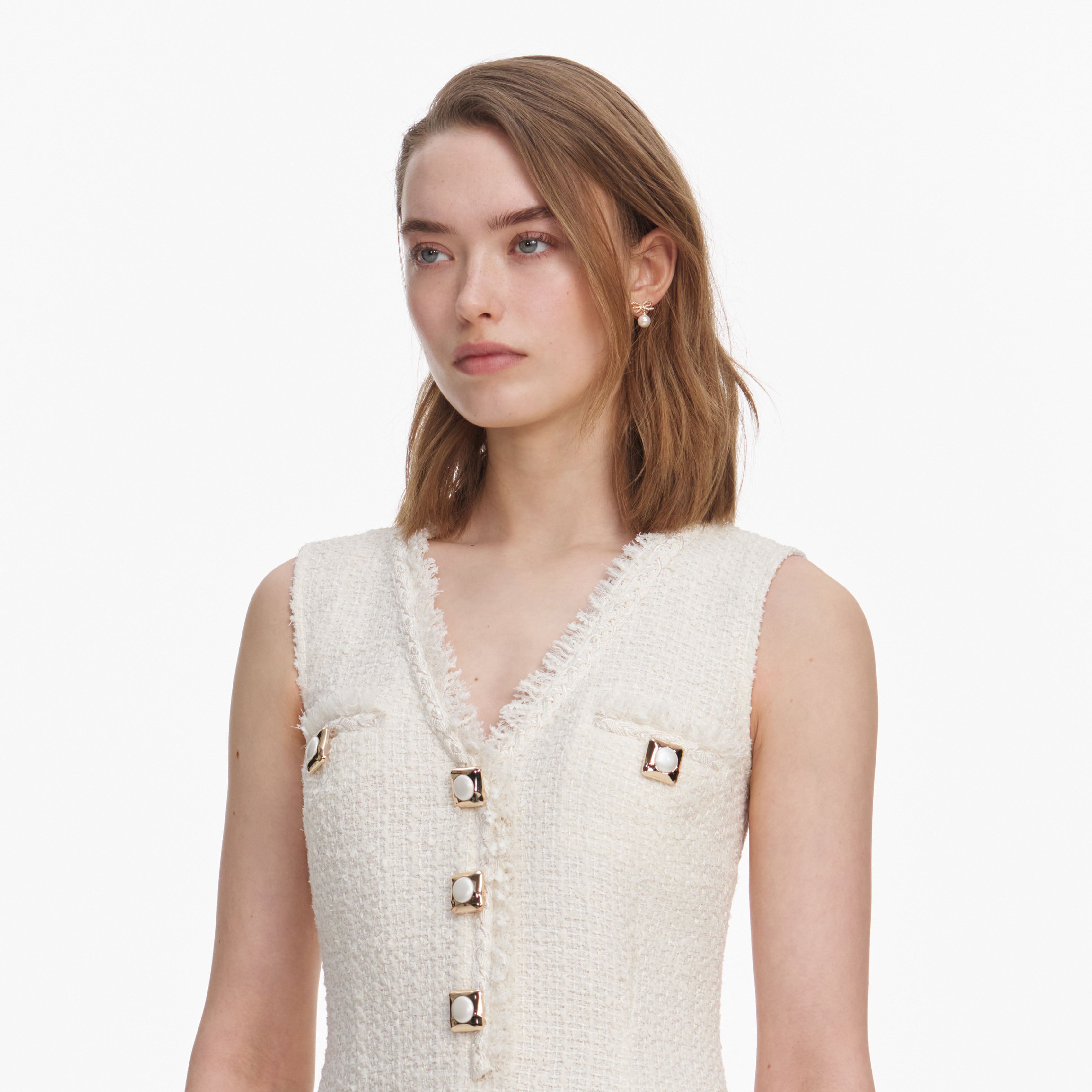 Self Portrait Cream Sleeveless Boucle Mini Kleid Creme