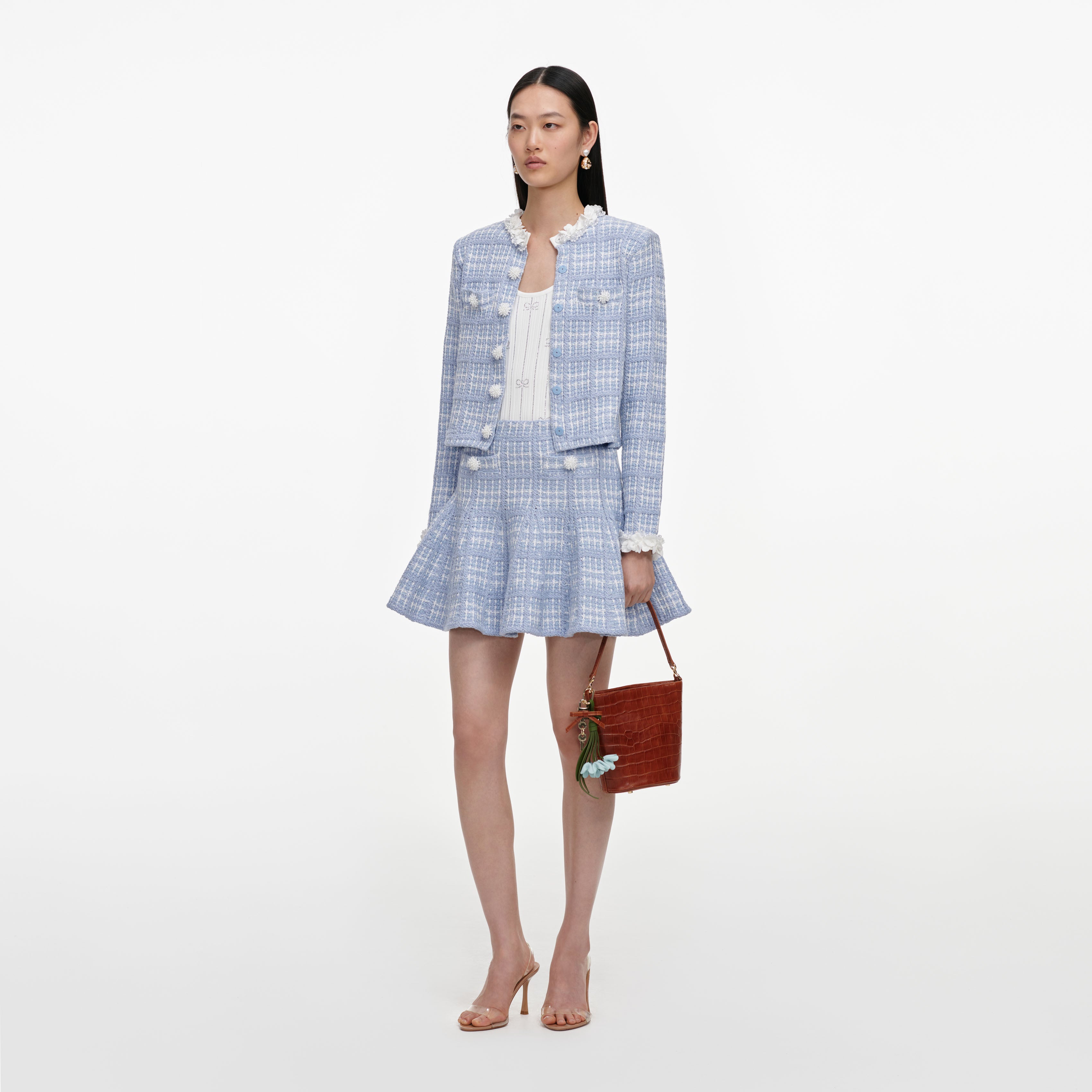 Self Portrait Blue Check Strick Minirock Blau Perlen