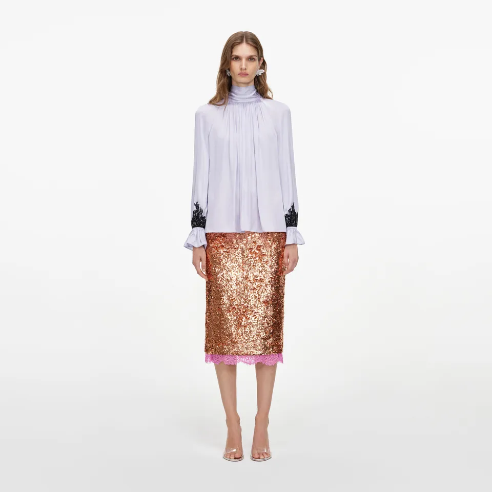 Self Portrait Viskose Bluse Lilac Spitze weiter Schnitt