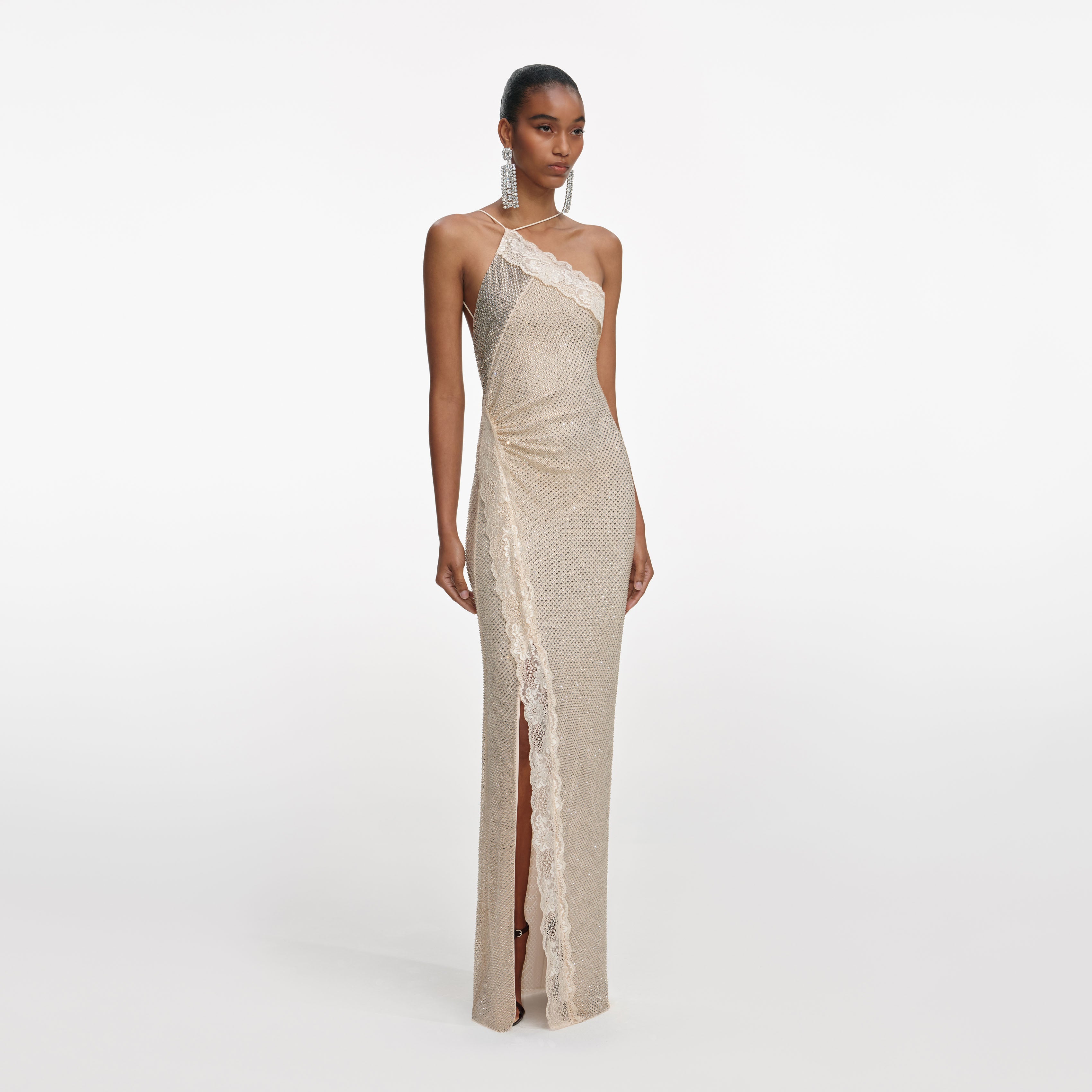 Self Portrait Champagne Rhinestone Maxi Kleid Strass Spitze