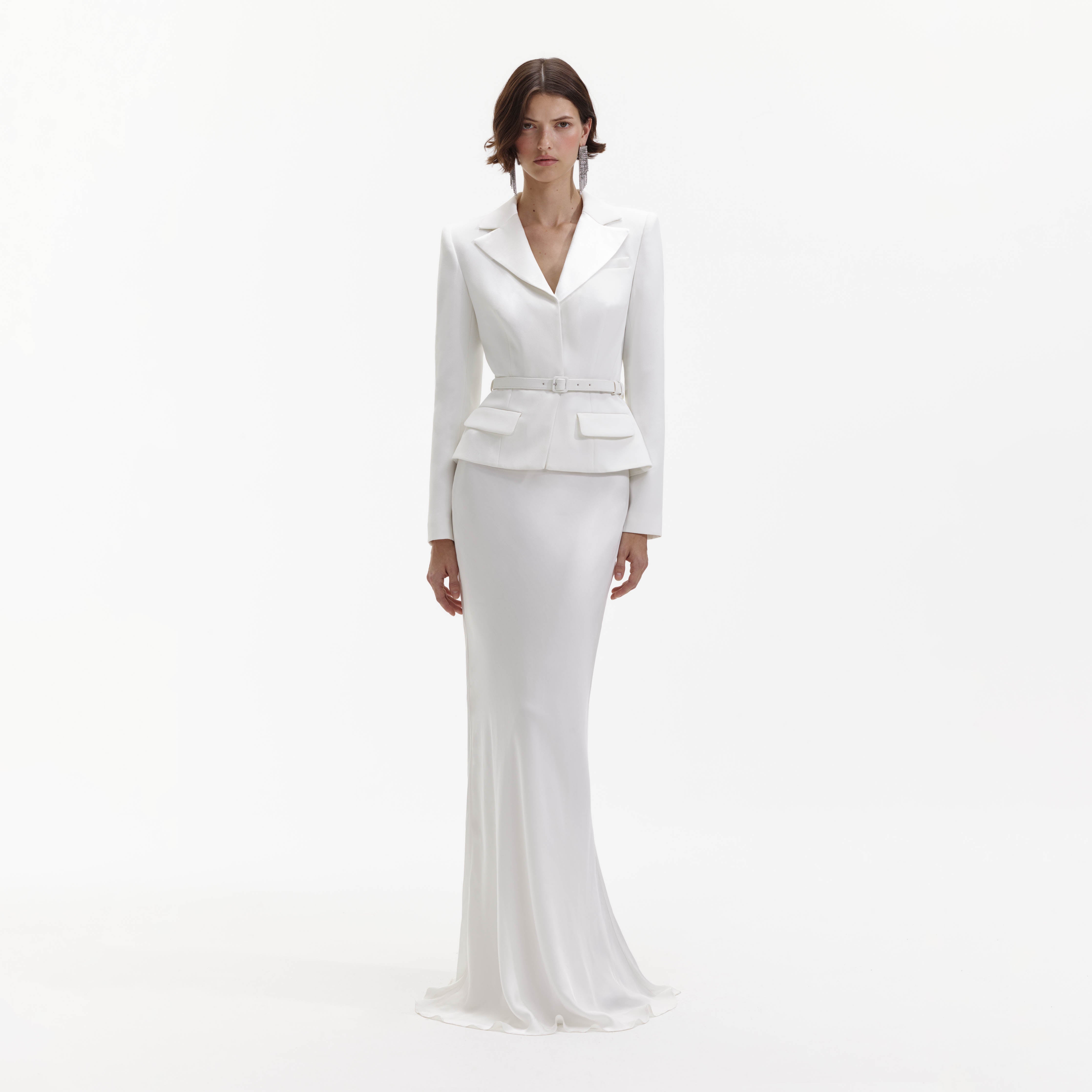 Self Portrait White Crepe Tailored Maxikleid Weiß