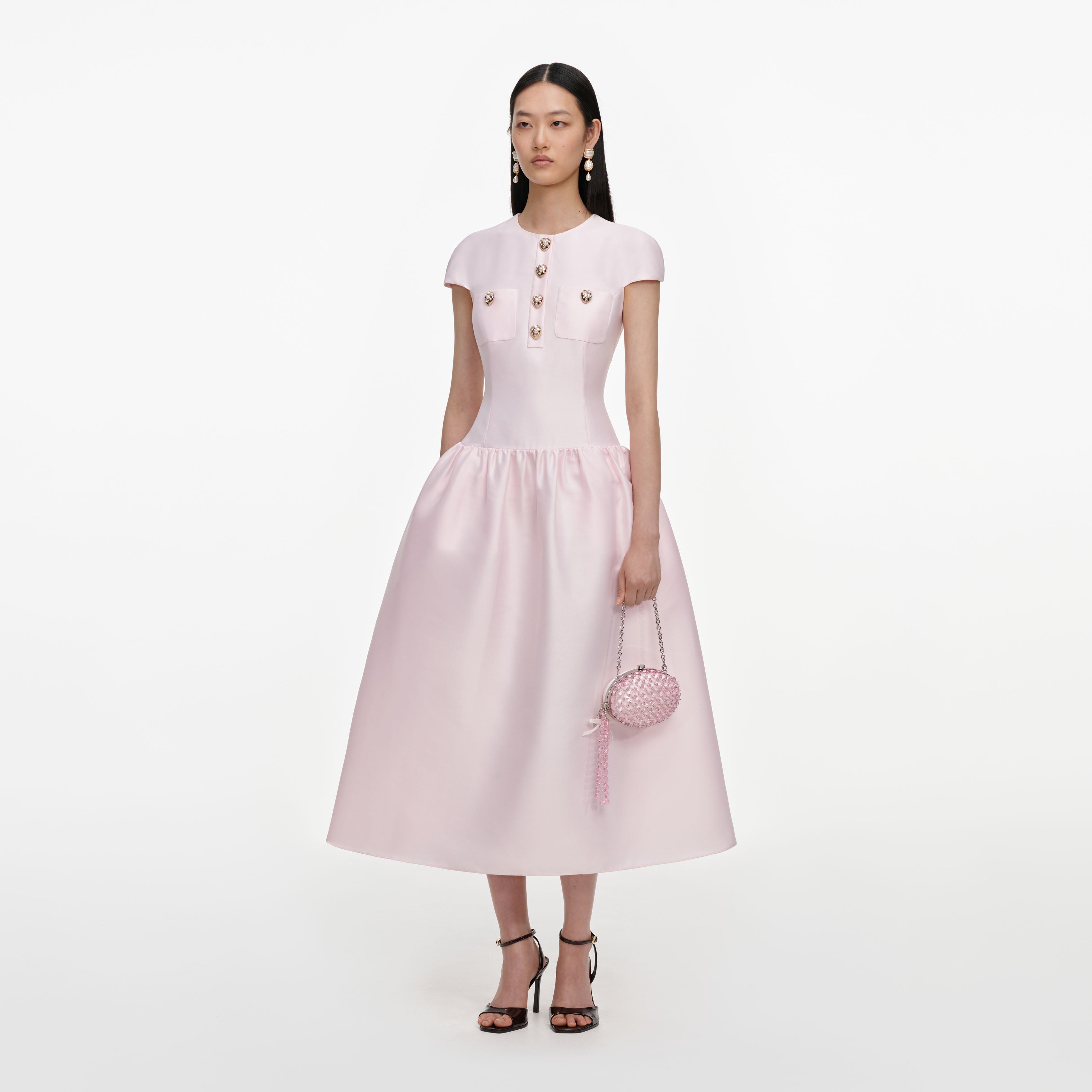 Self Portrait Taft Midikleid Rosa Knopfleiste Taschen