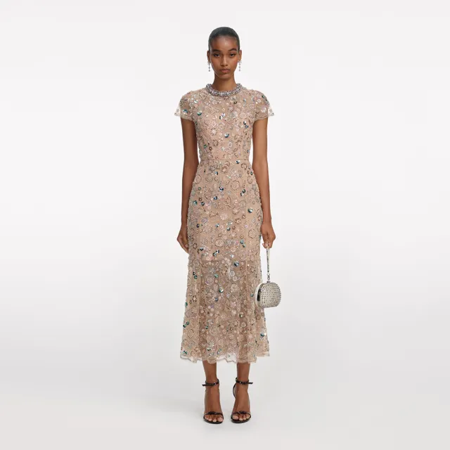 Self Portrait Champagne Sequin Midi Kleid Champagner Pailletten