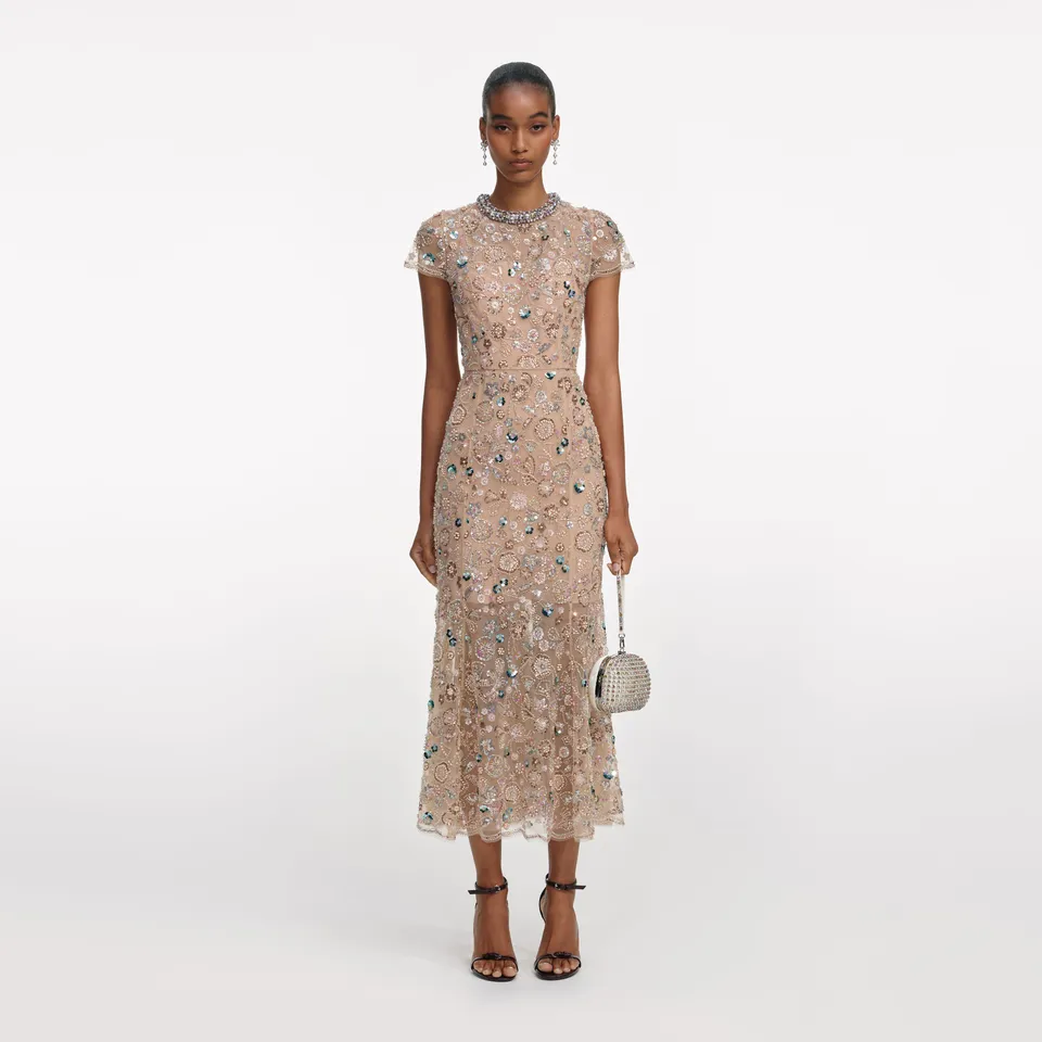 Self Portrait Champagne Sequin Midi Kleid Champagner Pailletten