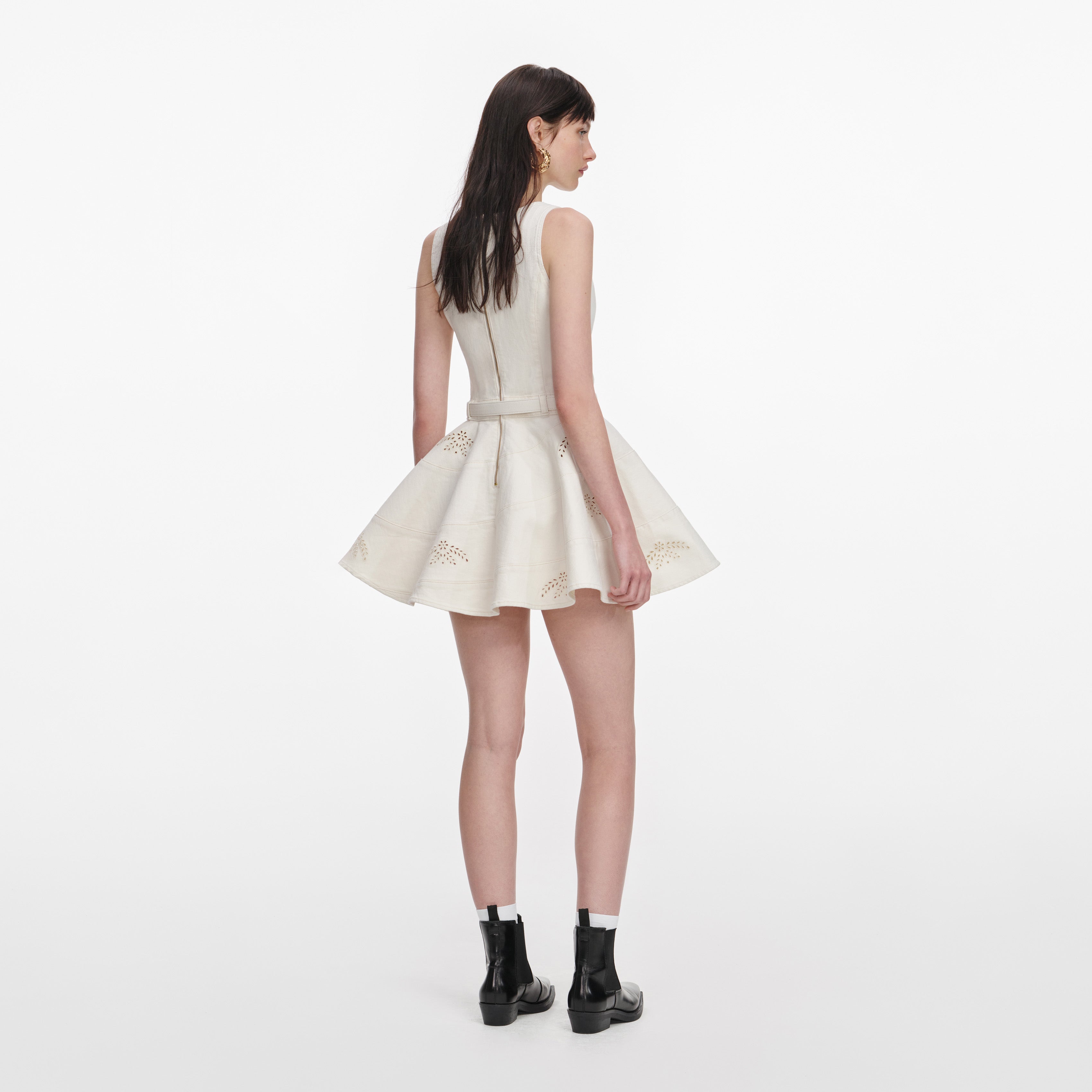 Self Portrait Denim Broderie Mini Kleid Creme UK 6