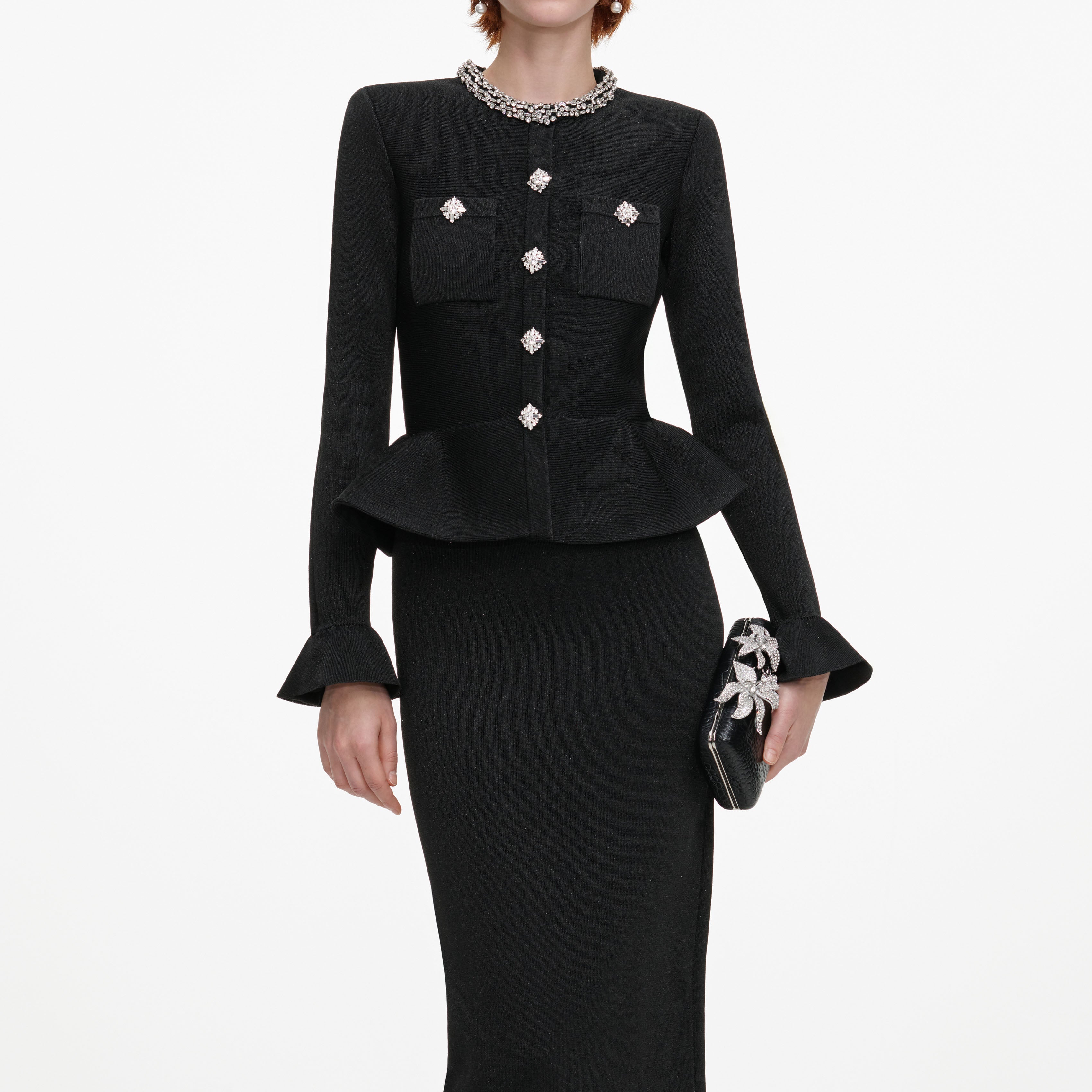 Self Portrait Black Crystal Trim Knit Midi Kleid Schwarz