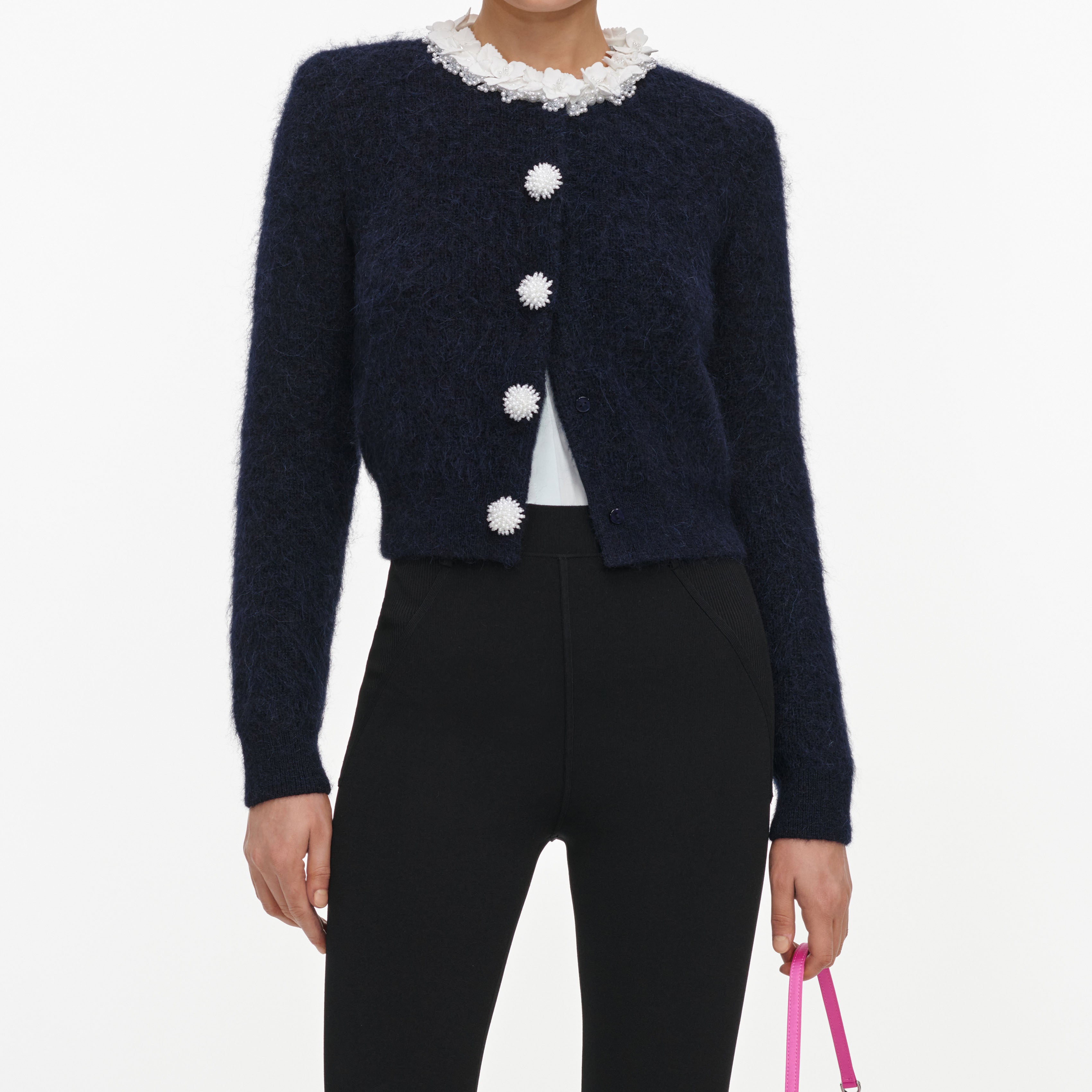 Self Portrait Navy Flower Pearl Strickpullover Blau Perle