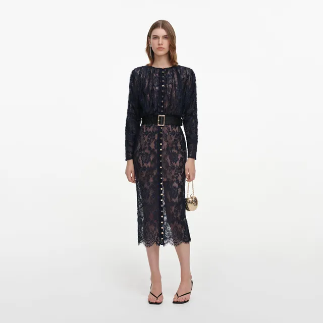 Self Portrait Dresses Navy Lace Button Midi Kleid UK 8 Spitze