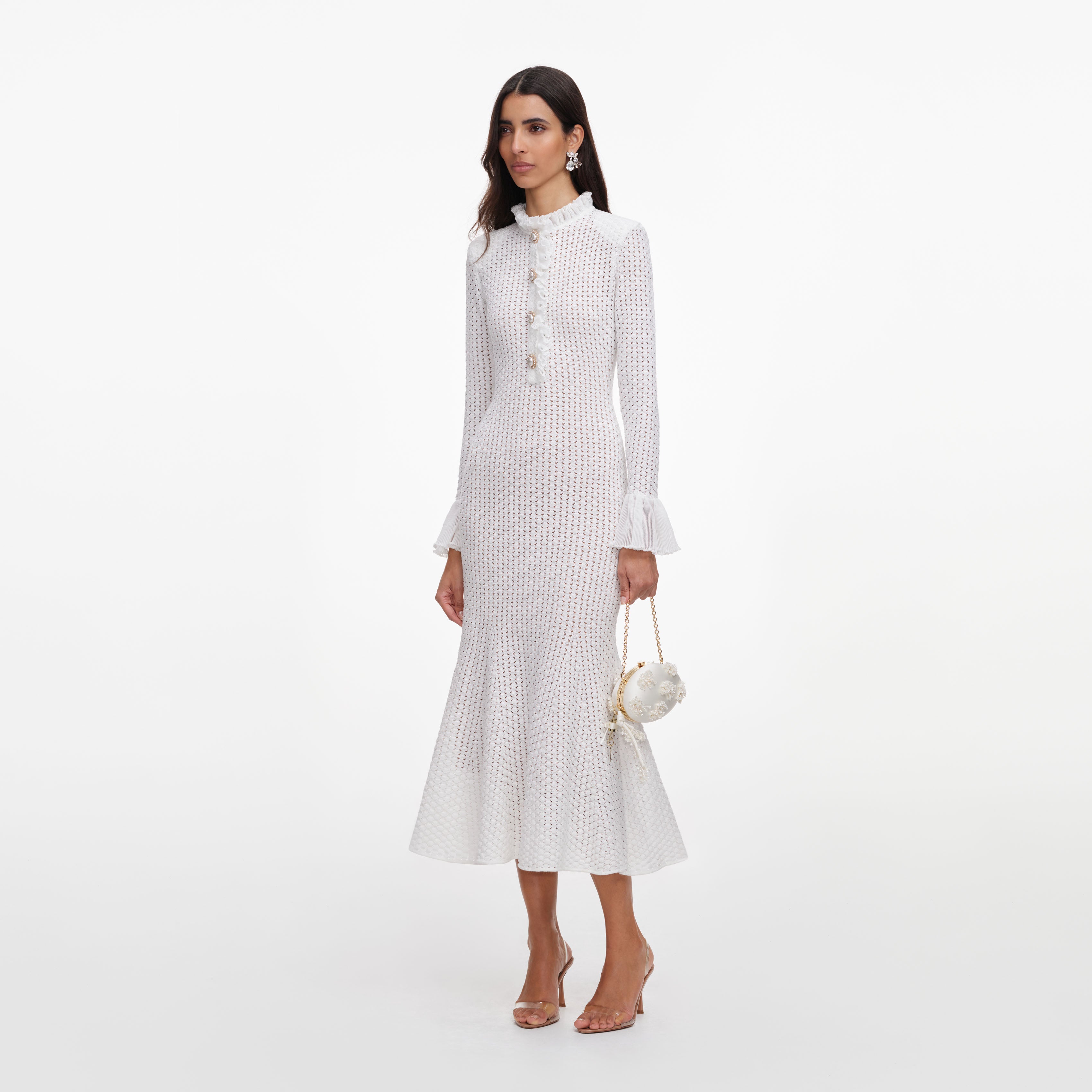 Self Portrait White Pointelle Knit Flare Midi Kleid Weiß S Stretch