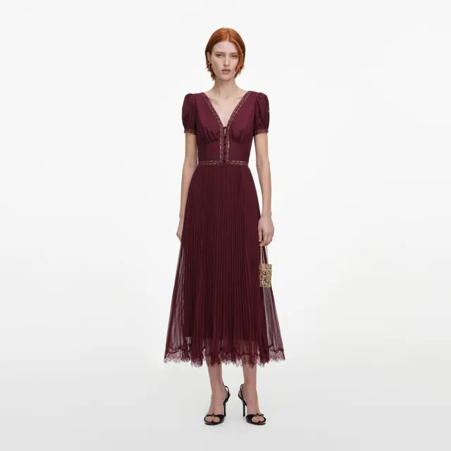 Self Portrait Viskose Midikleid Burgundy Plissee Spitze