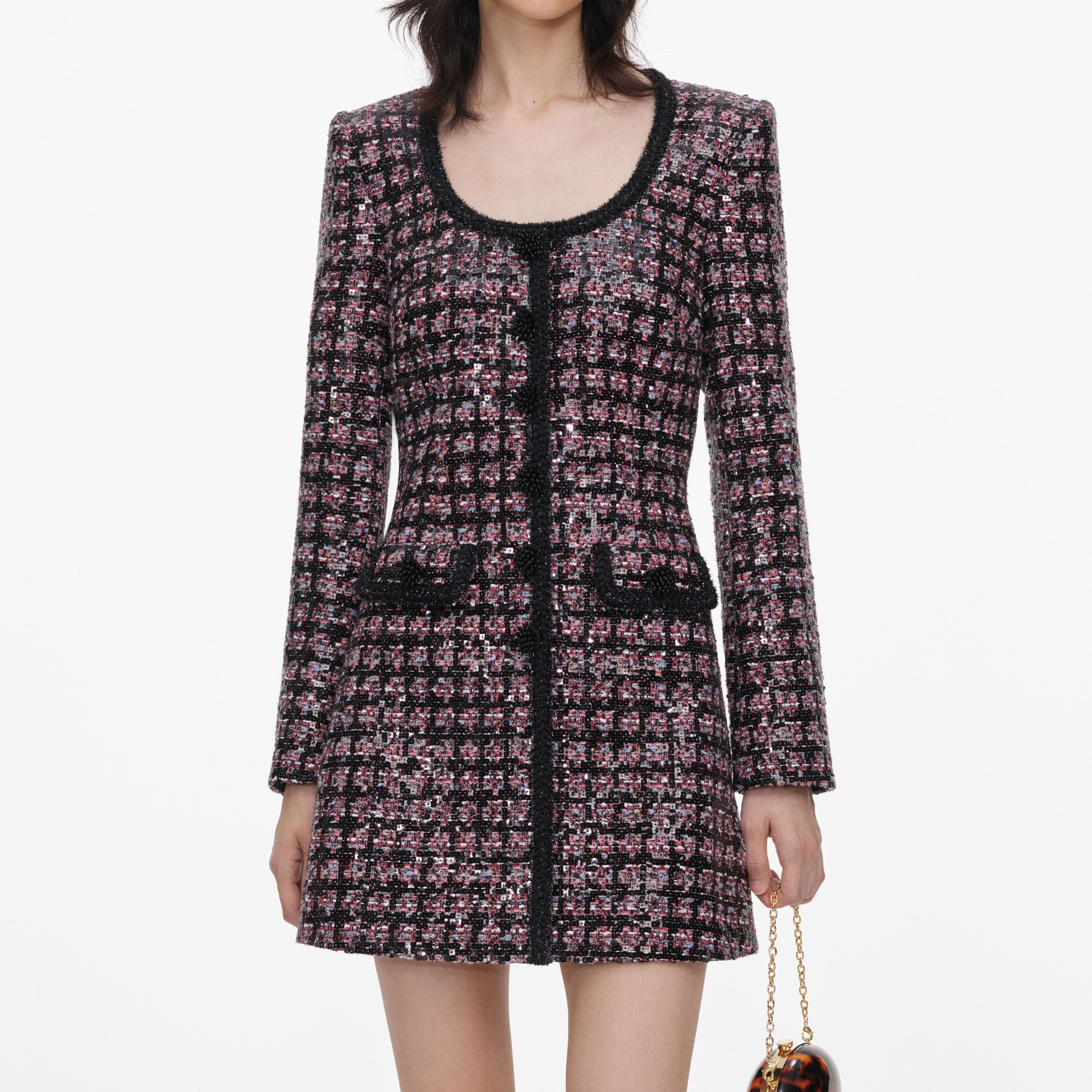 Self Portrait Sequin Boucle Minikleid Rosa Schwarz
