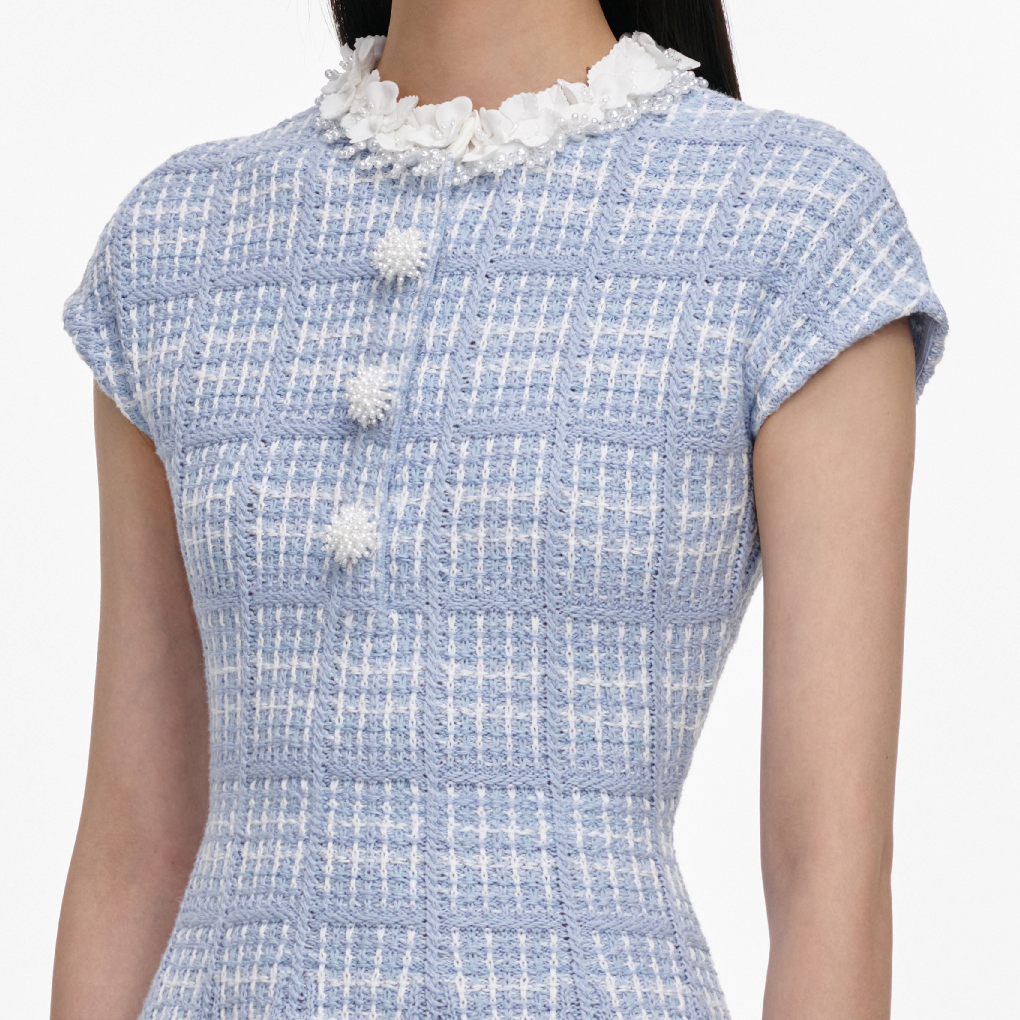 Self Portrait Blue Check Knit Minikleid Blau XS-L Perlen Taschen