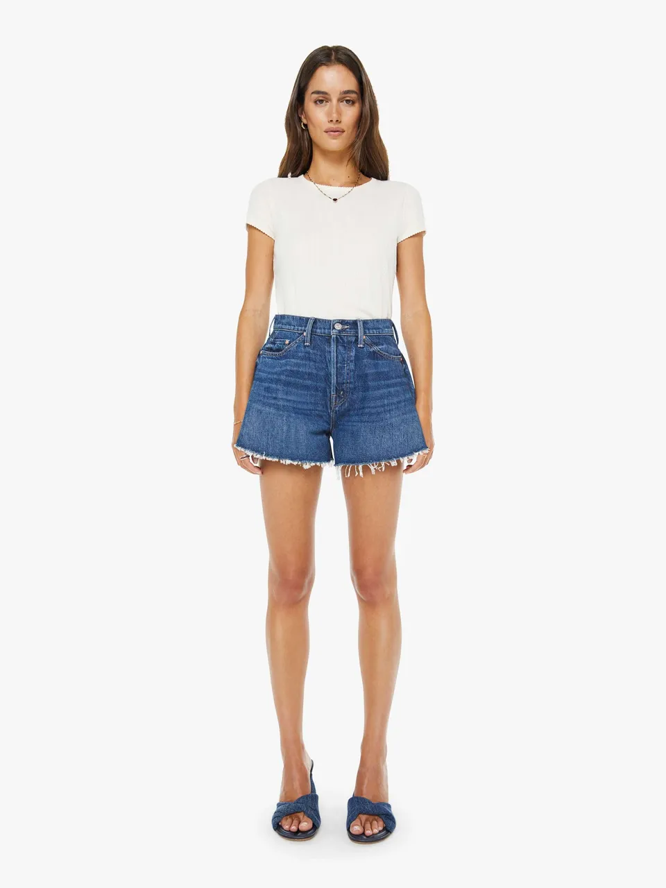 Mother Flutter Short Fray Shorts Dunkelblau High Waist