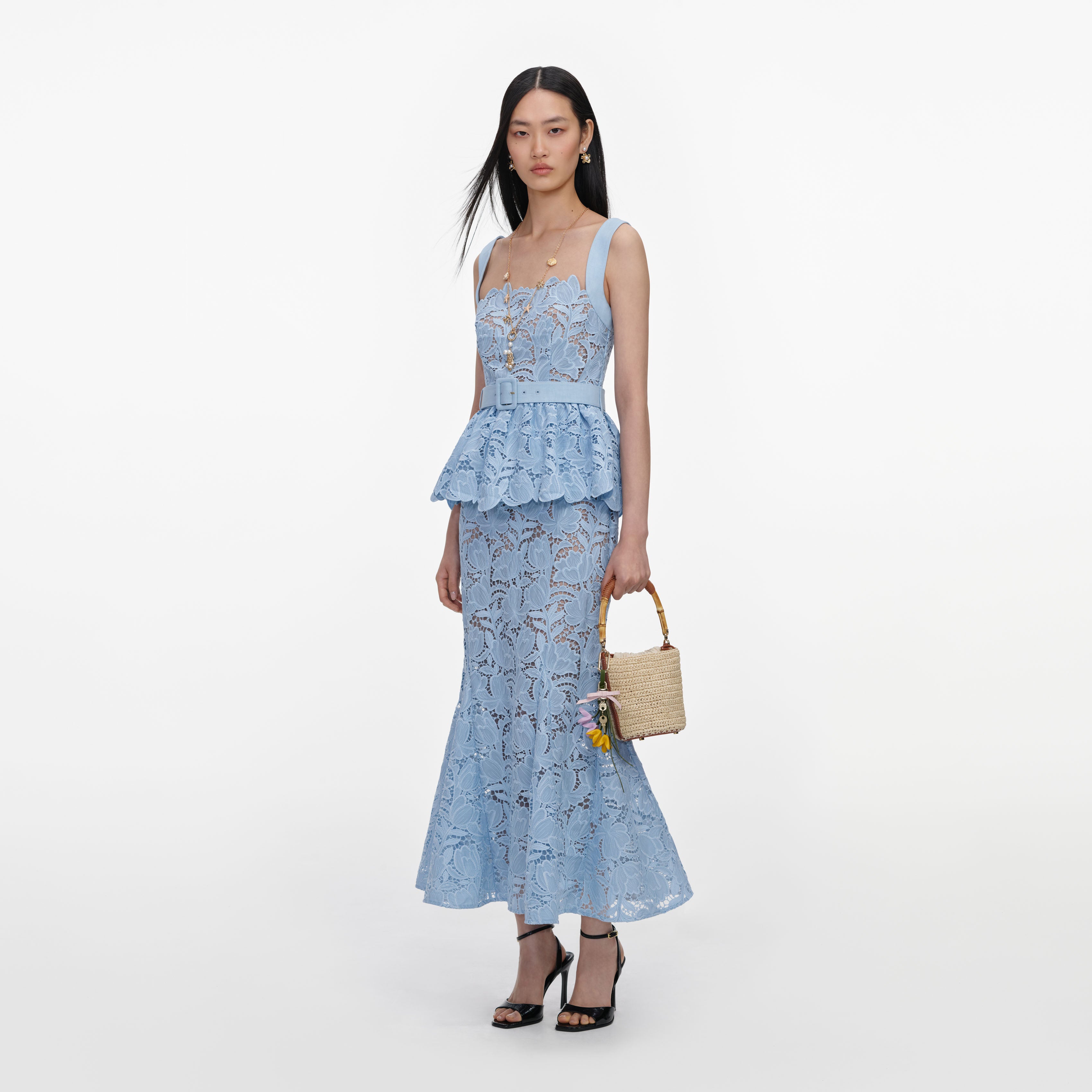 Self Portrait Blue Lace Peplum Midi Kleid Blau Spitze