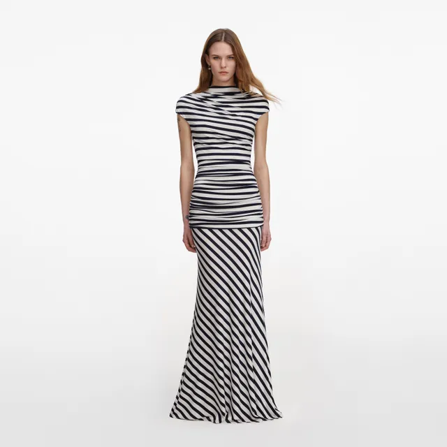 Self Portrait Navy Streifen Jersey Maxikleid Drapiert