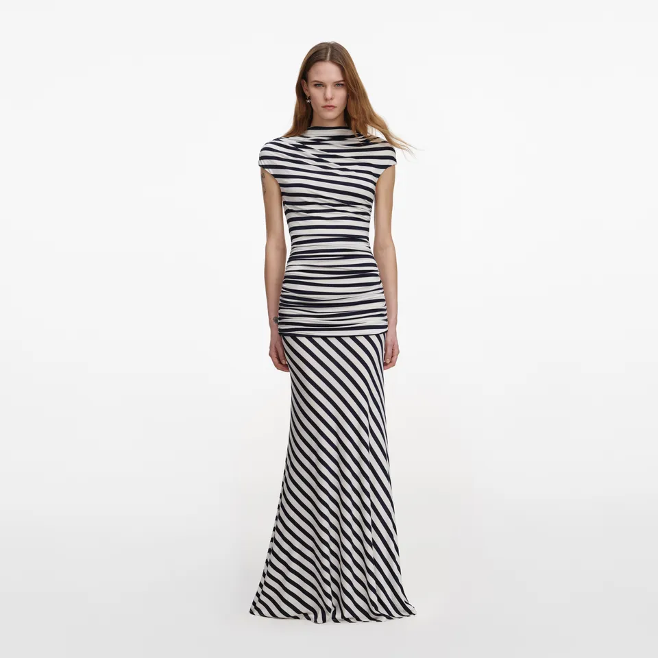 Self Portrait Navy Streifen Jersey Maxikleid Drapiert
