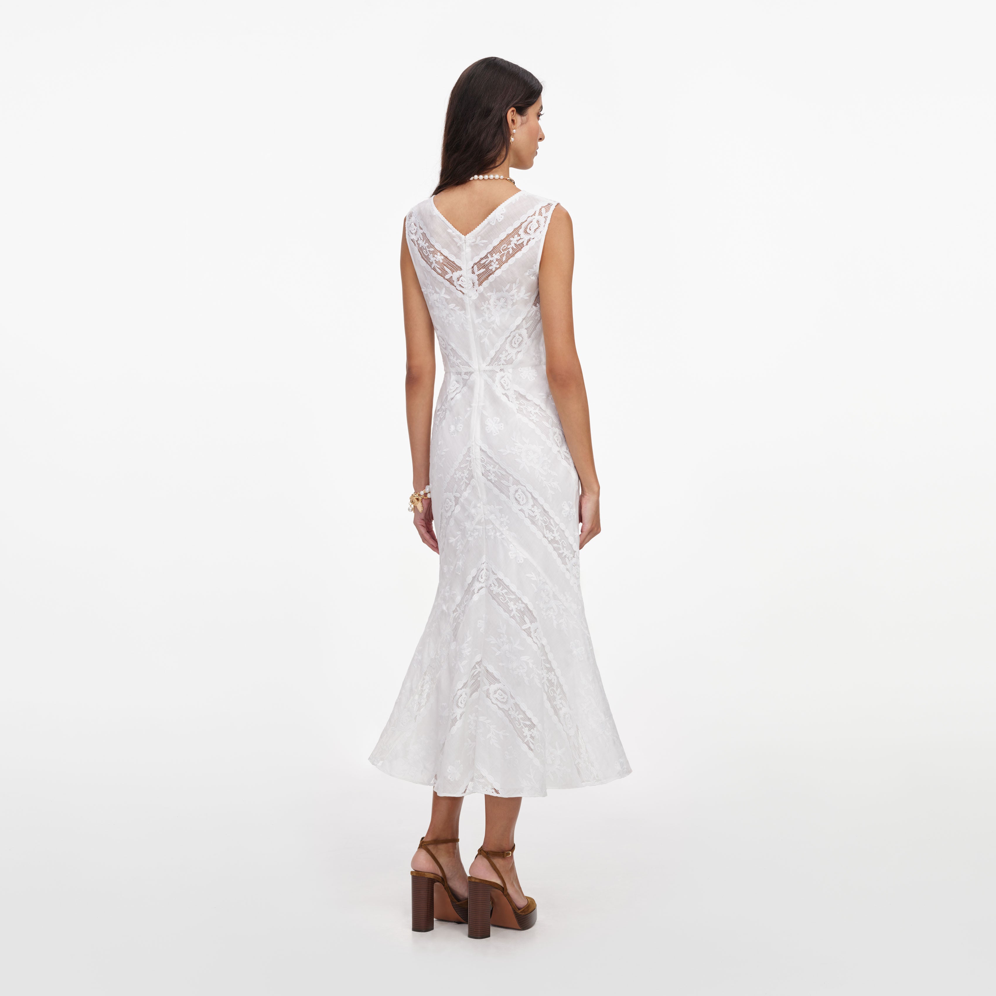 Self Portrait White Ramie Sleeveless Midi Dress Kleid Weiss