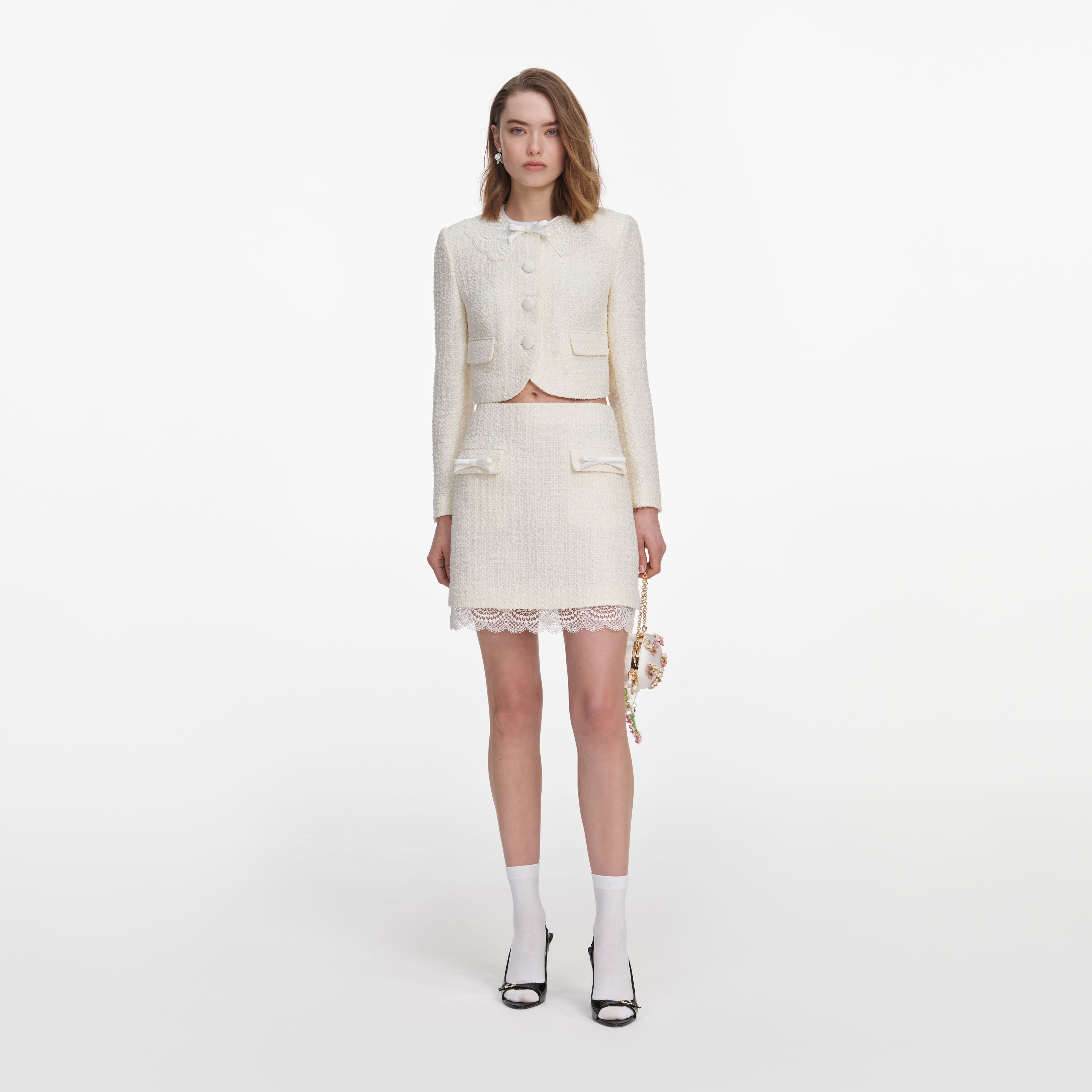 Self Portrait Cream Boucle Lace Minirock Creme UK 8 A-Linie