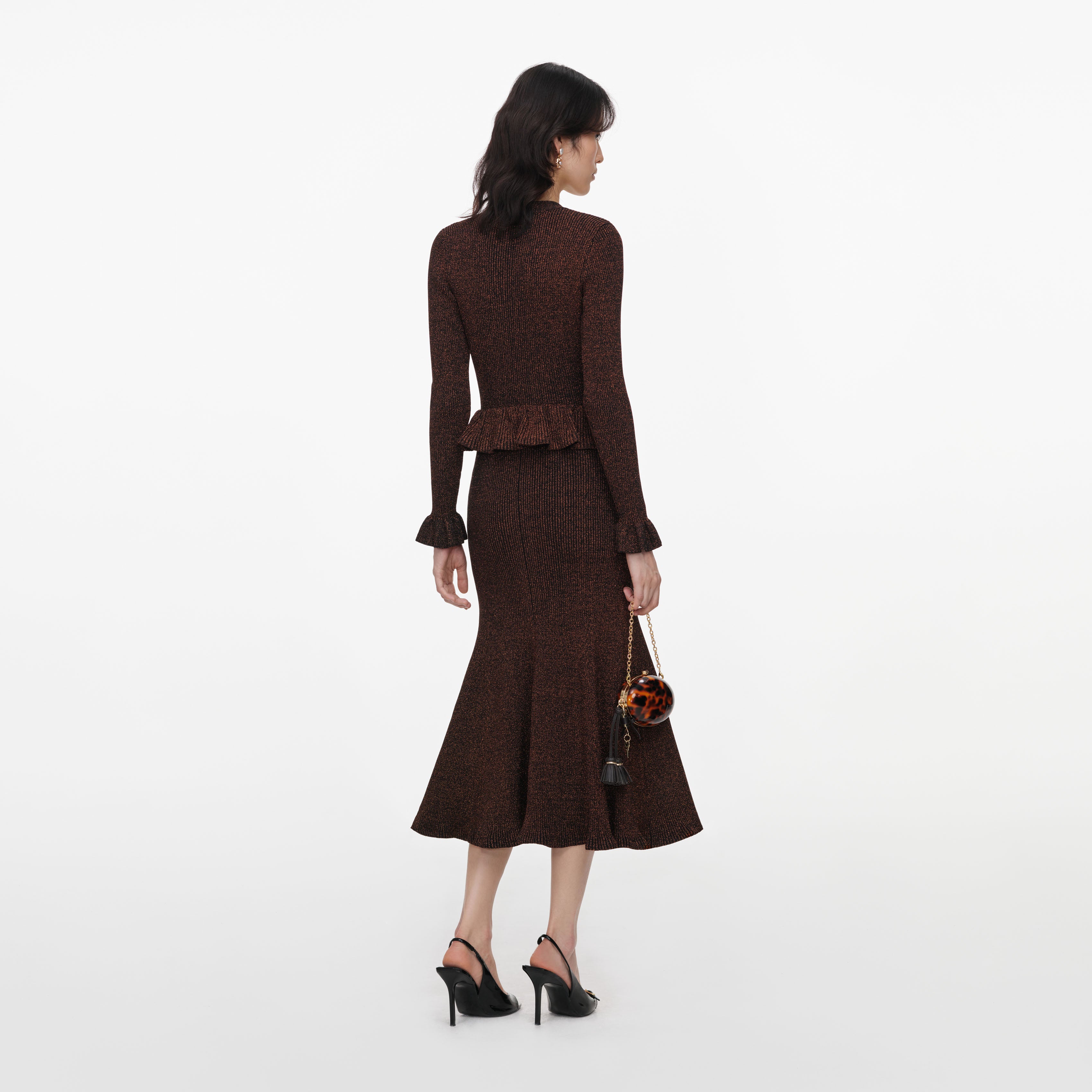 Self Portrait Dresses Brown Lurex Midi Kleid Strick Peplum Braun