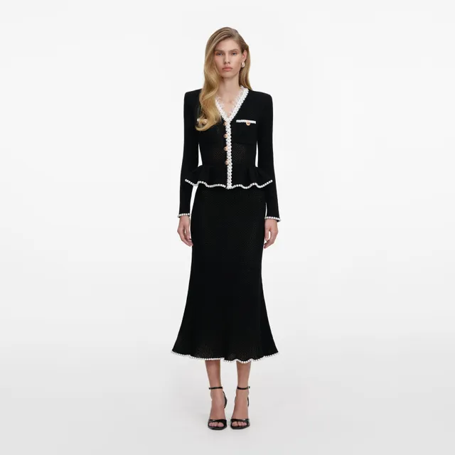 Self Portrait Strick Midi Kleid Schwarz Peplum Spitze