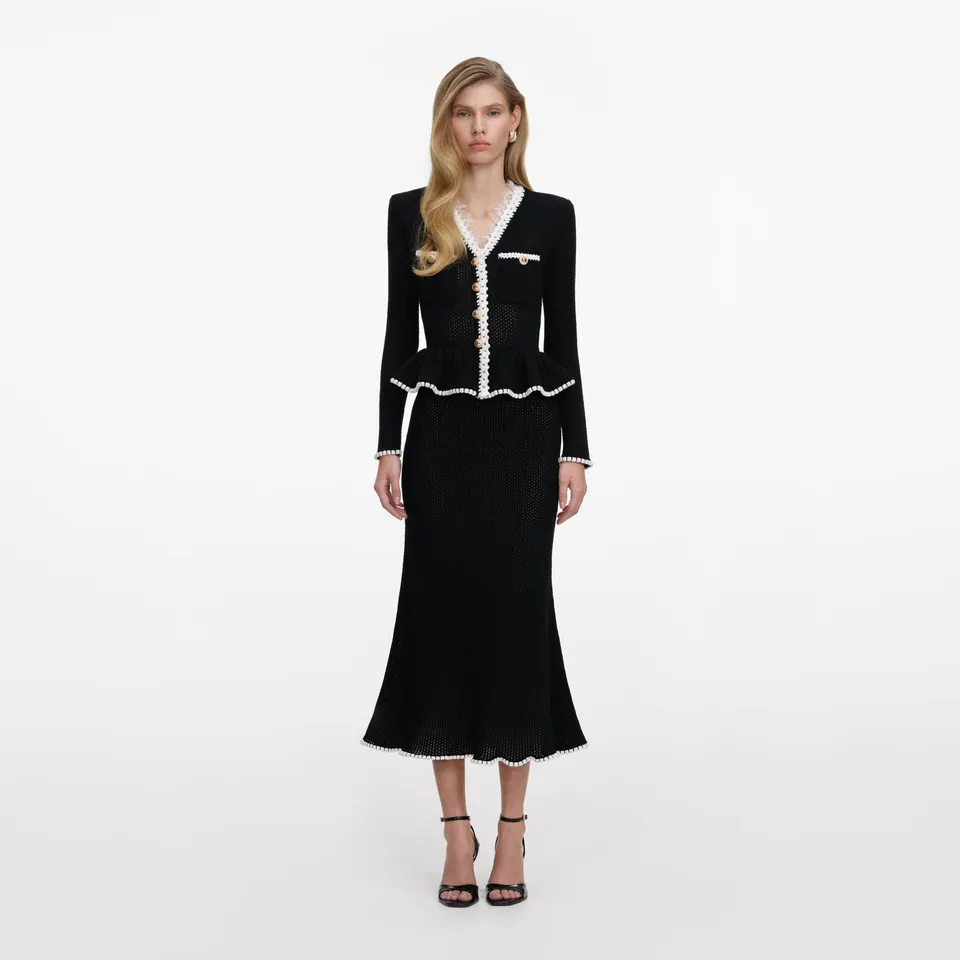 Self Portrait Strick Midi Kleid Schwarz Peplum Spitze