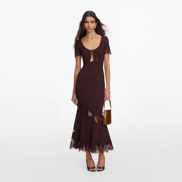 Self Portrait Brown Ribbed Knit Midi Kleid Braun Spitze