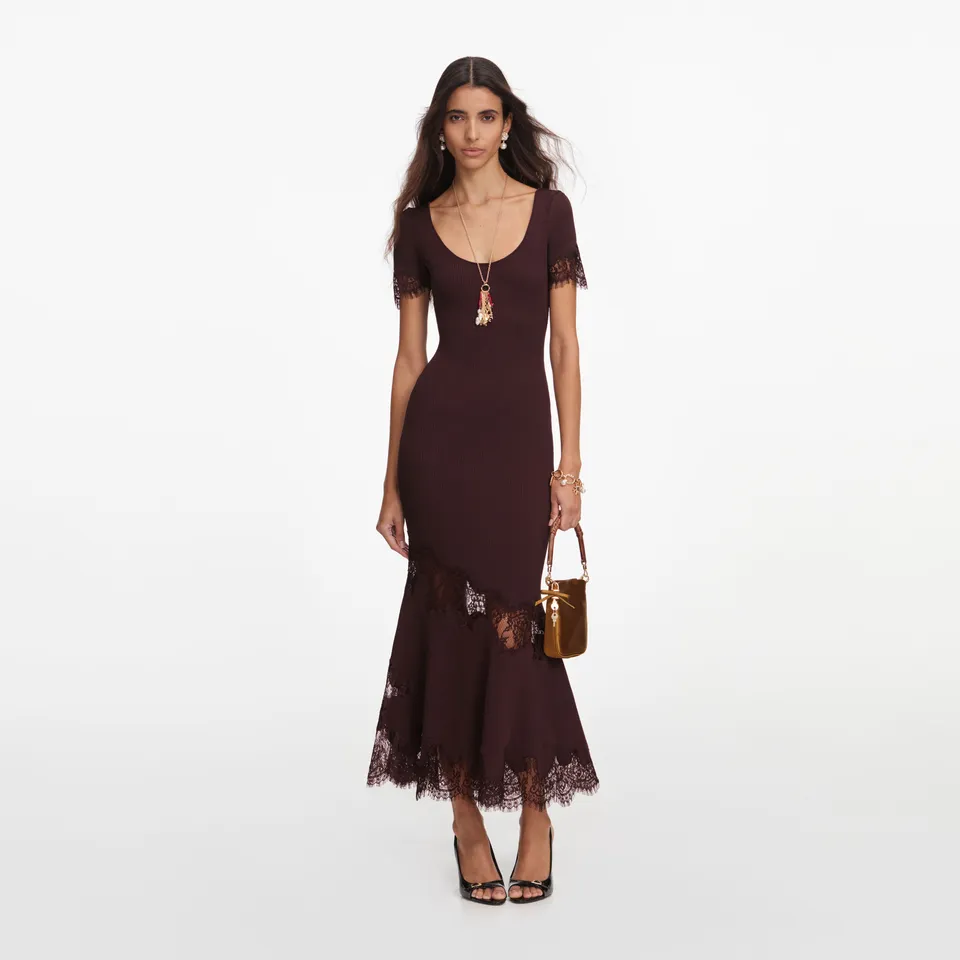 Self Portrait Brown Ribbed Knit Midi Kleid Braun Spitze