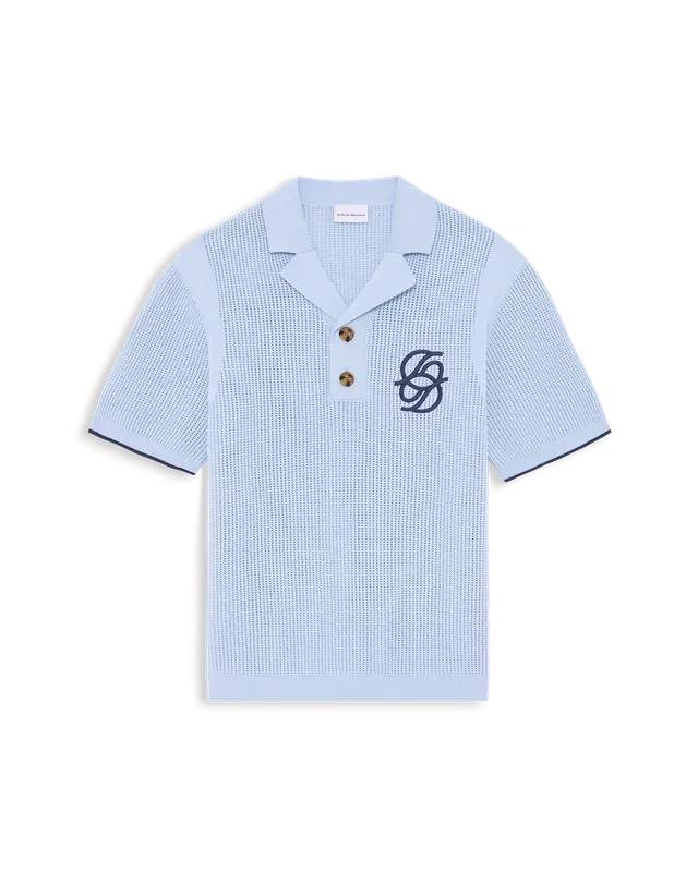 Drôle De Monsieur Polo Maille Monogramme Strickpolo Hellblau Baumwolle