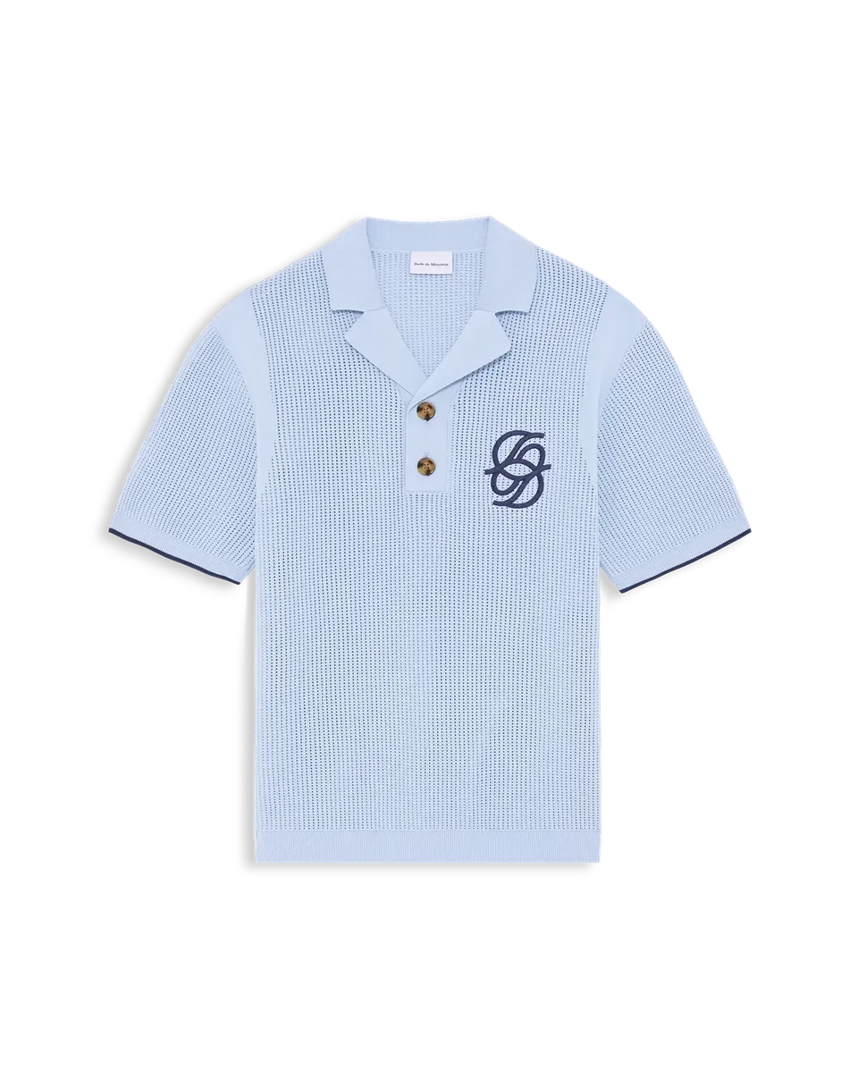 Drôle De Monsieur Polo Maille Monogramme Strickpolo Hellblau Baumwolle