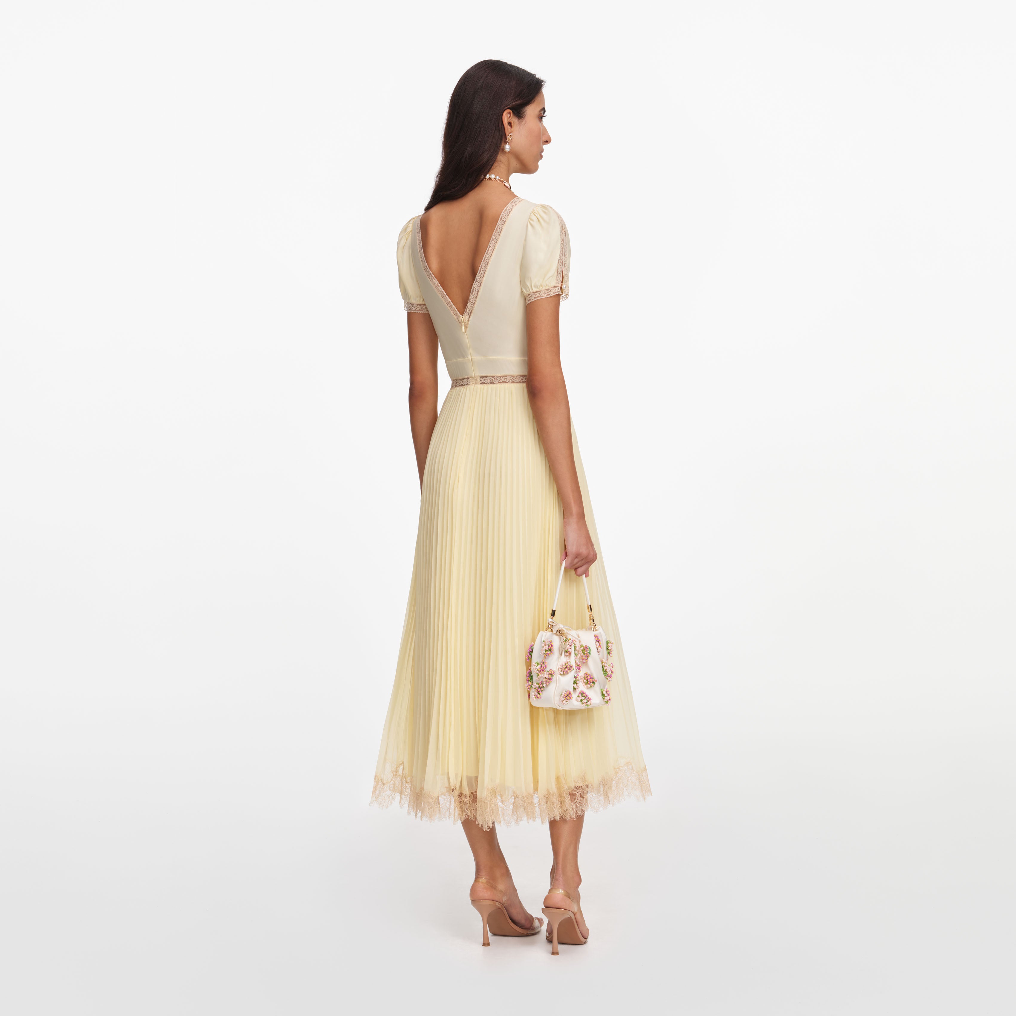 Self-Portrait Yellow Viscose Pleated Lace Midi Kleid Gelb Plissee