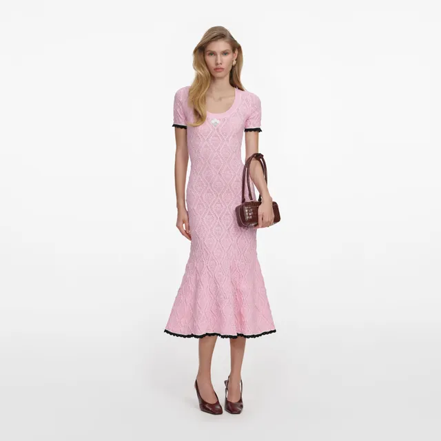 Self-Portrait Pink Pointelle Knit Midi Strickkleid Rosa Stickerei