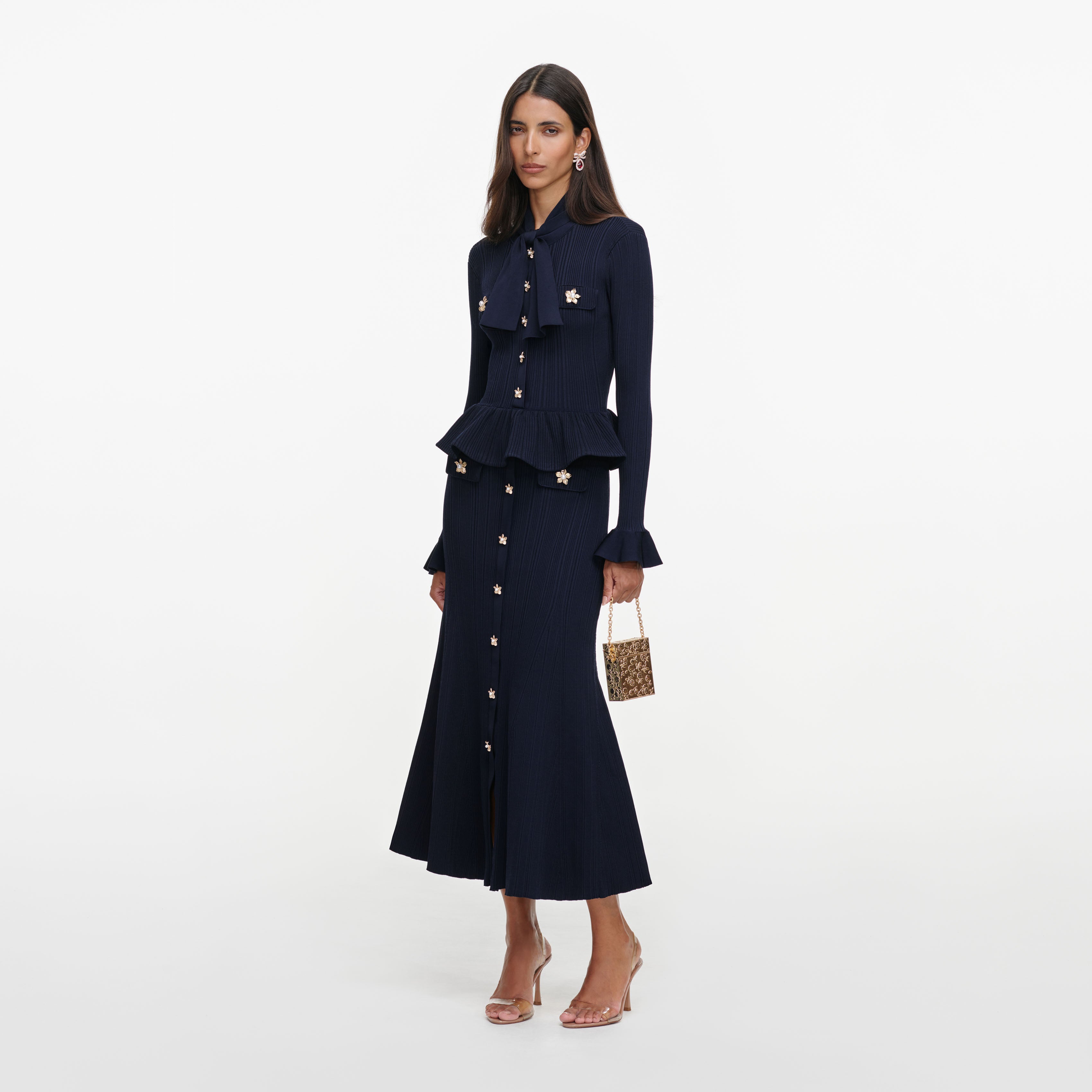 Self Portrait Peplum Strick Midikleid Navy