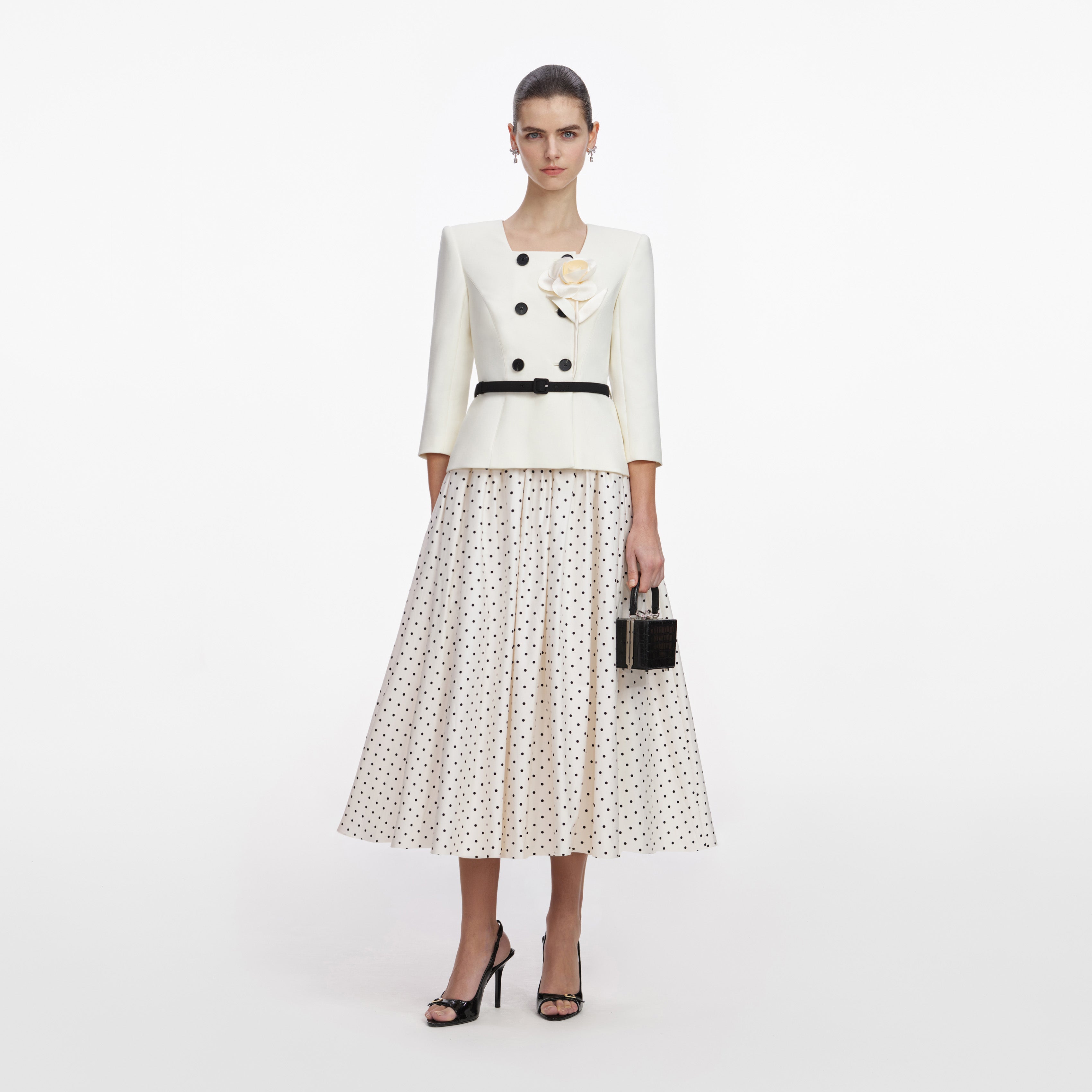 Self Portrait Cream 3D Flower Midi Kleid Creme Punkte