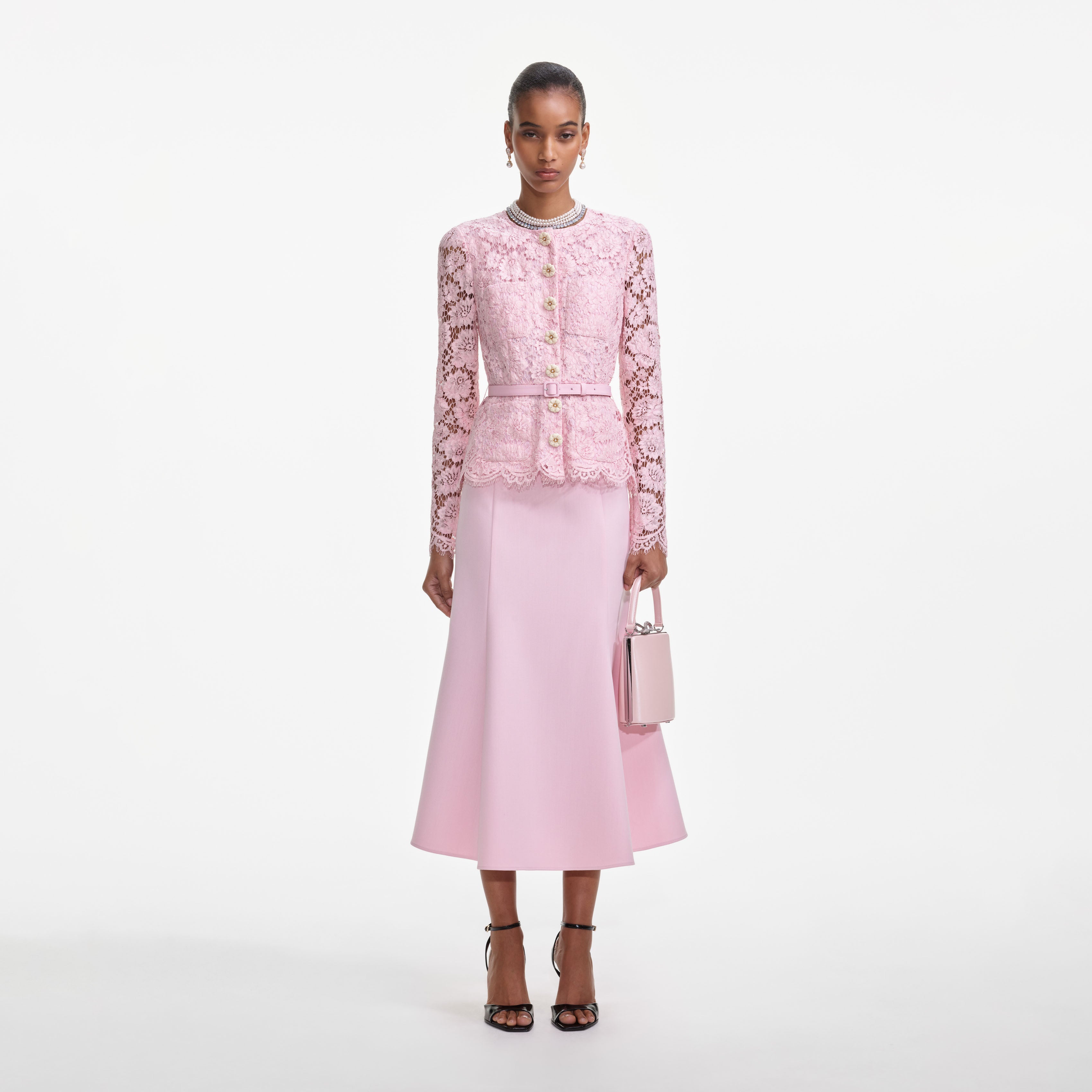 Self Portrait Pink Tailored Lace Midi Kleid Rosa Gürtel
