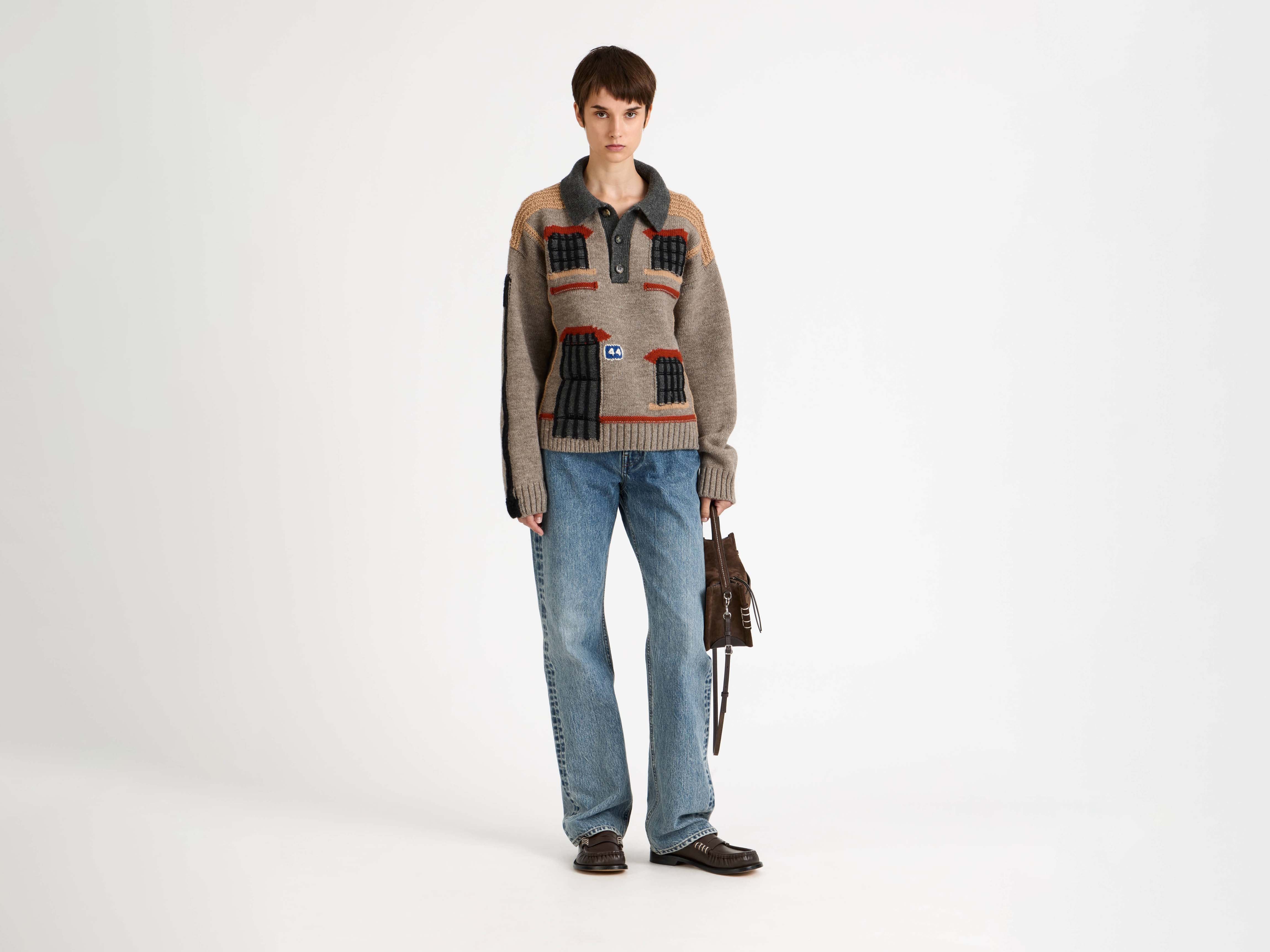 J.W.Anderson House Polo Pullover Beige Melange Jacquard