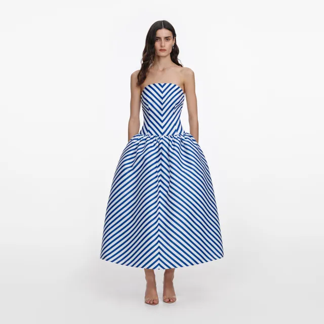 Self Portrait Dresses Navy Stripe Midi Kleid Taft Bandeau Navy