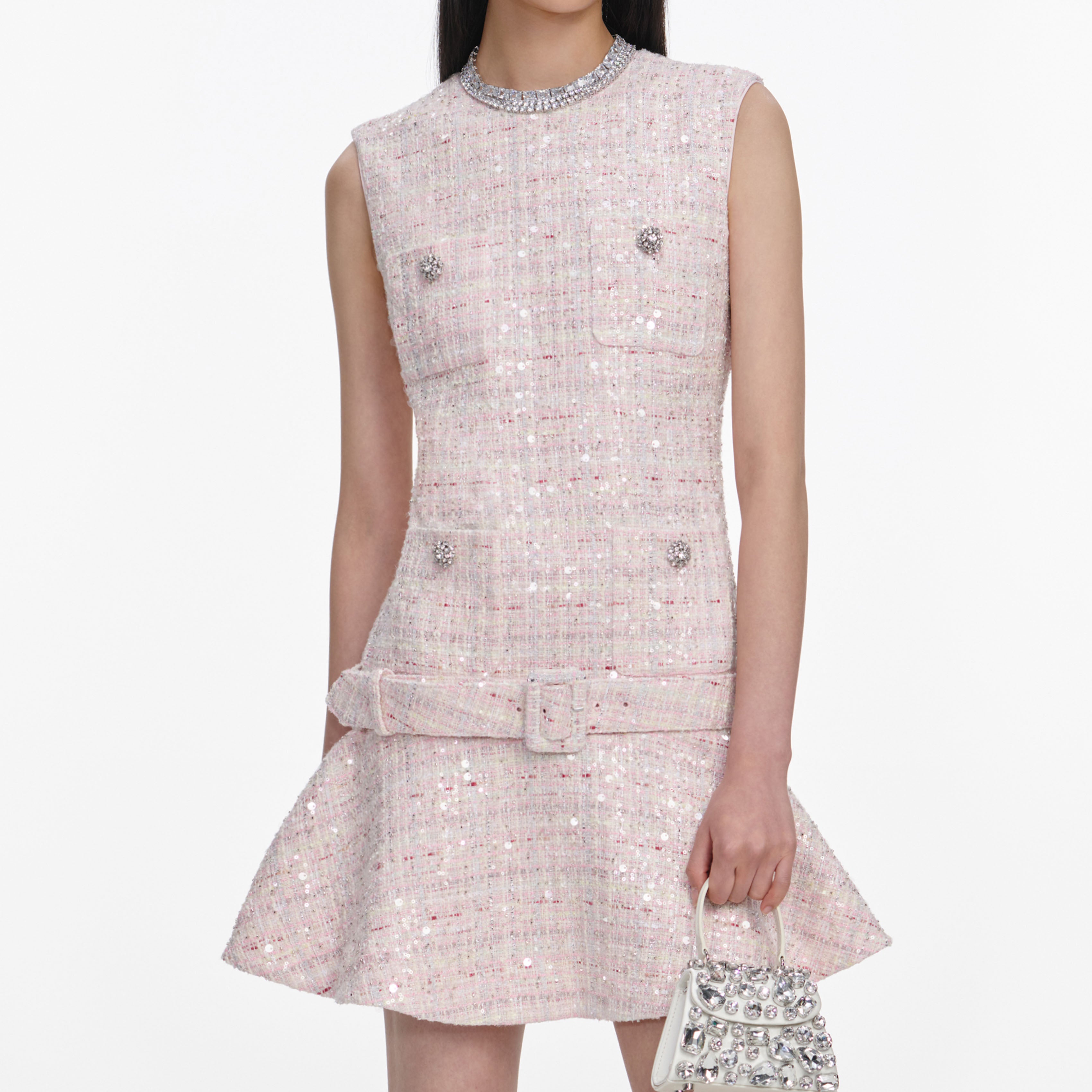 Self Portrait Pink Sequin Boucle Belted Mini Kleid Rosa