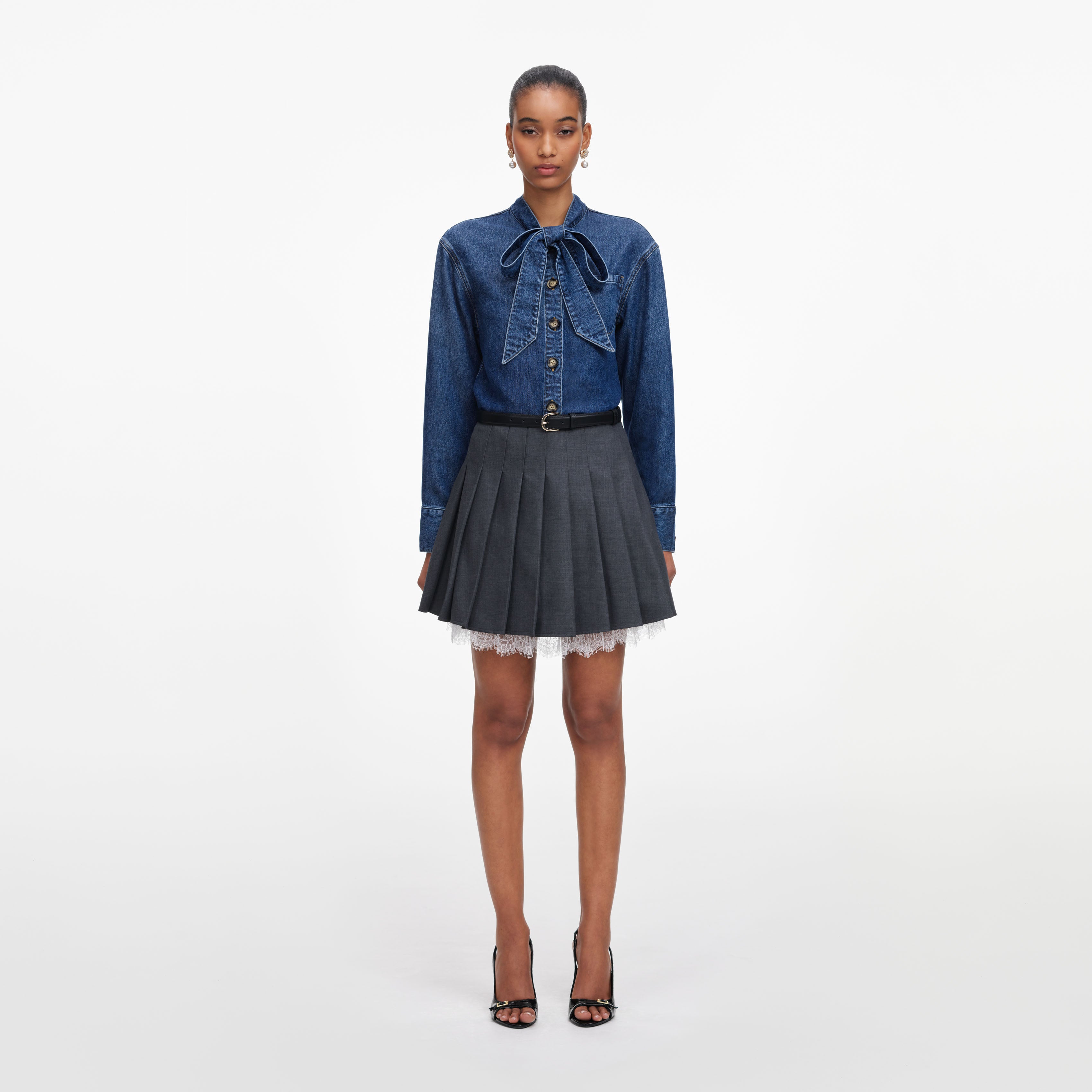 Self Portrait Denim Tie Neck Shirt Denimhemd Blau Schleife