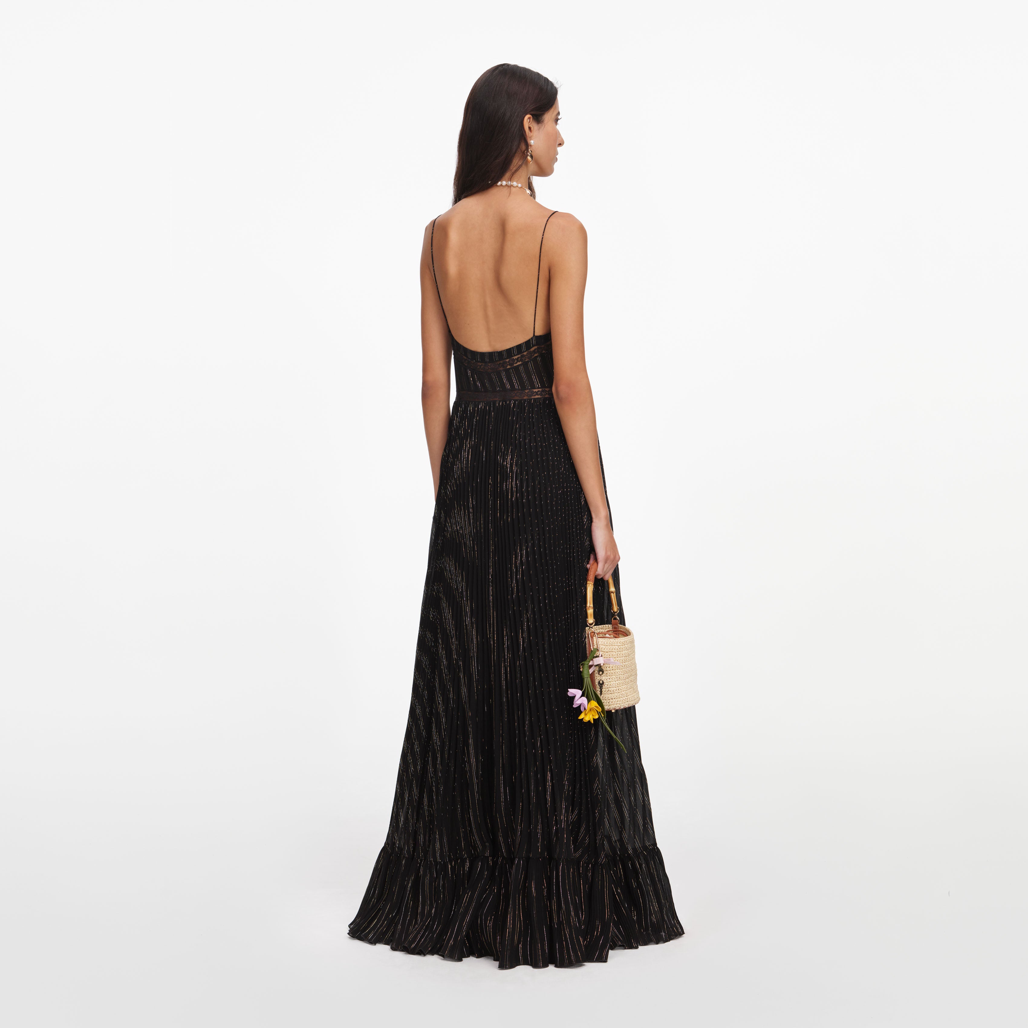 Self Portrait Lurex Stripe Pleated Maxikleid Schwarz