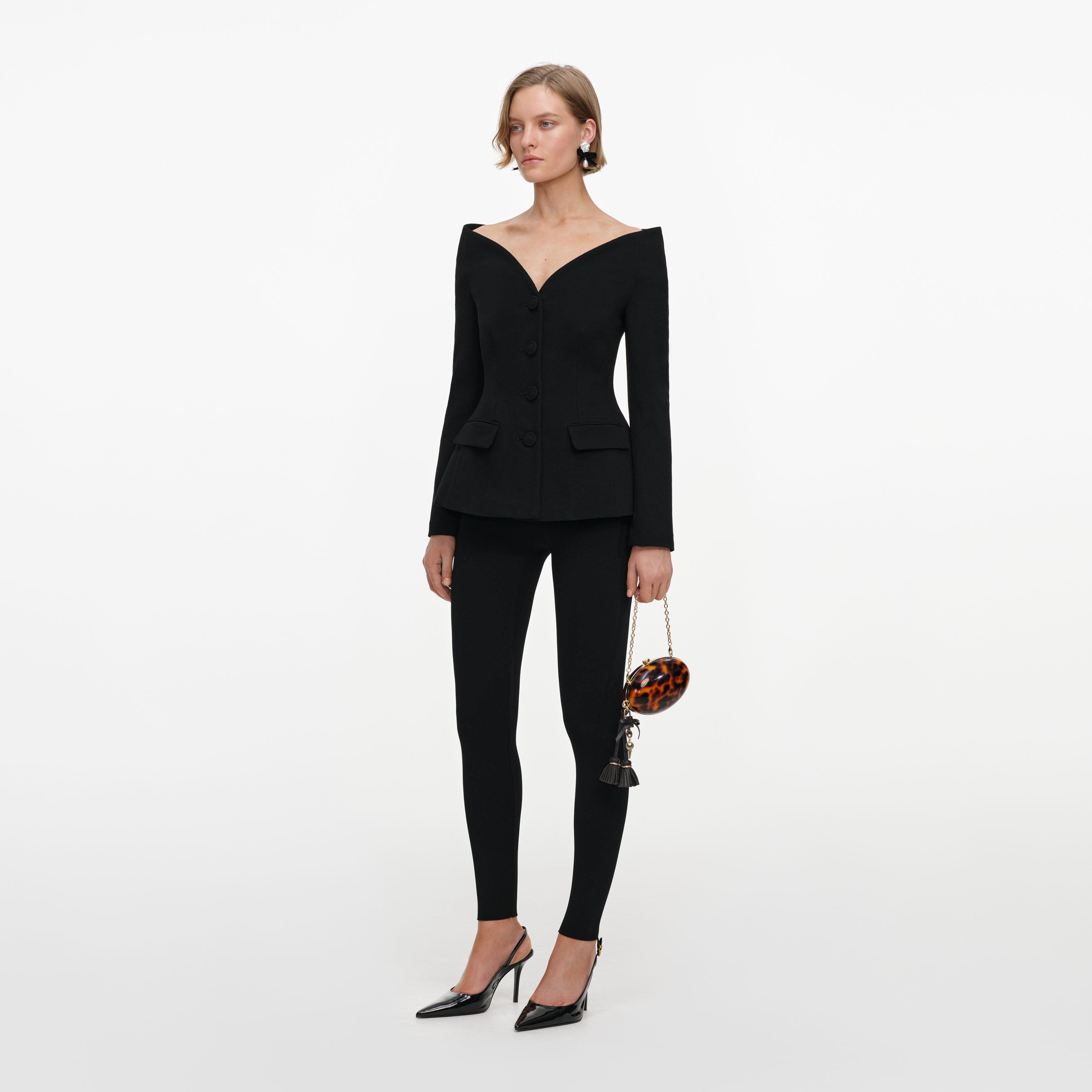 Self Portrait Jacket Schwarz Woll-Crepe Off-Shoulder Peplum