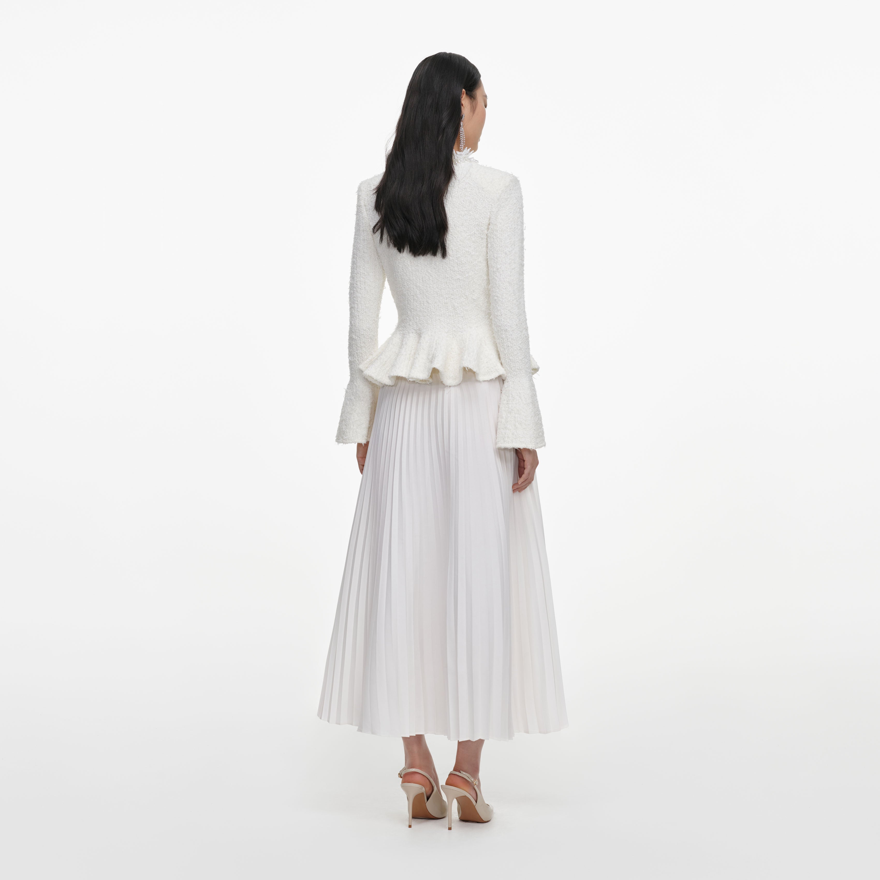 Self Portrait White Textured Knit Chiffon Midi Kleid Weiß