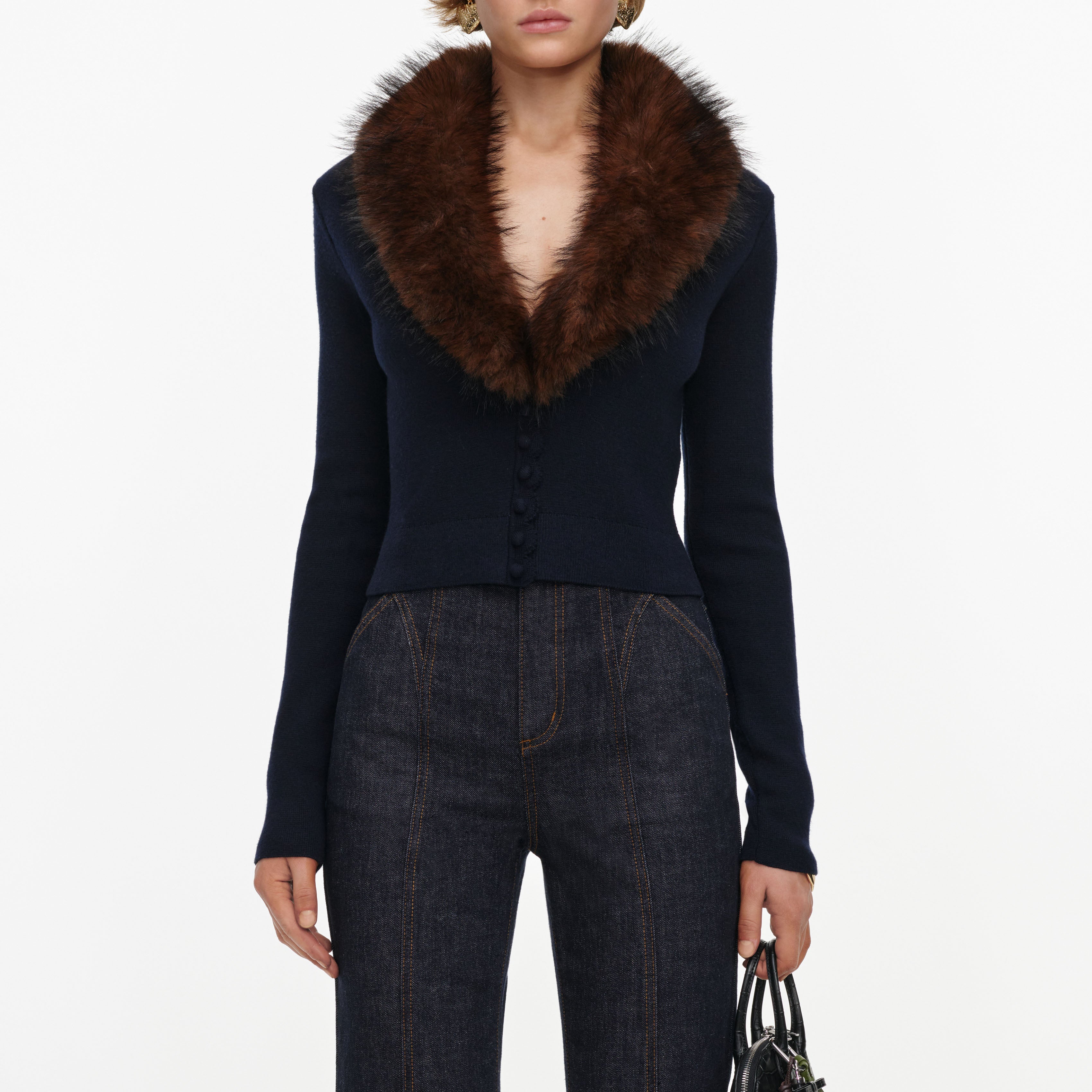 Self Portrait Faux Fur Cardigan Strick Navy S