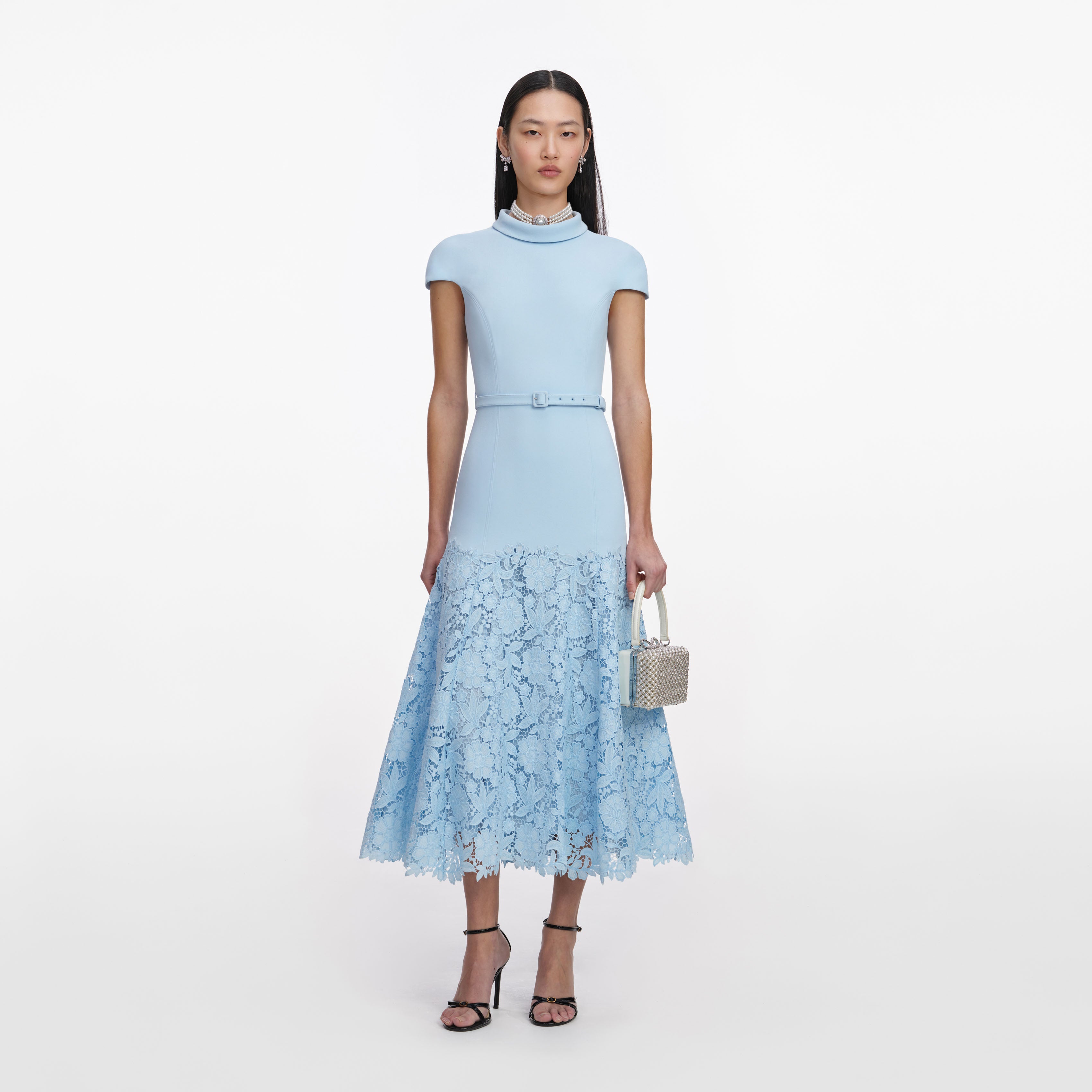Self Portrait Blue Crepe Lace Midi Dress Kleid Blau UK 6 Spitze