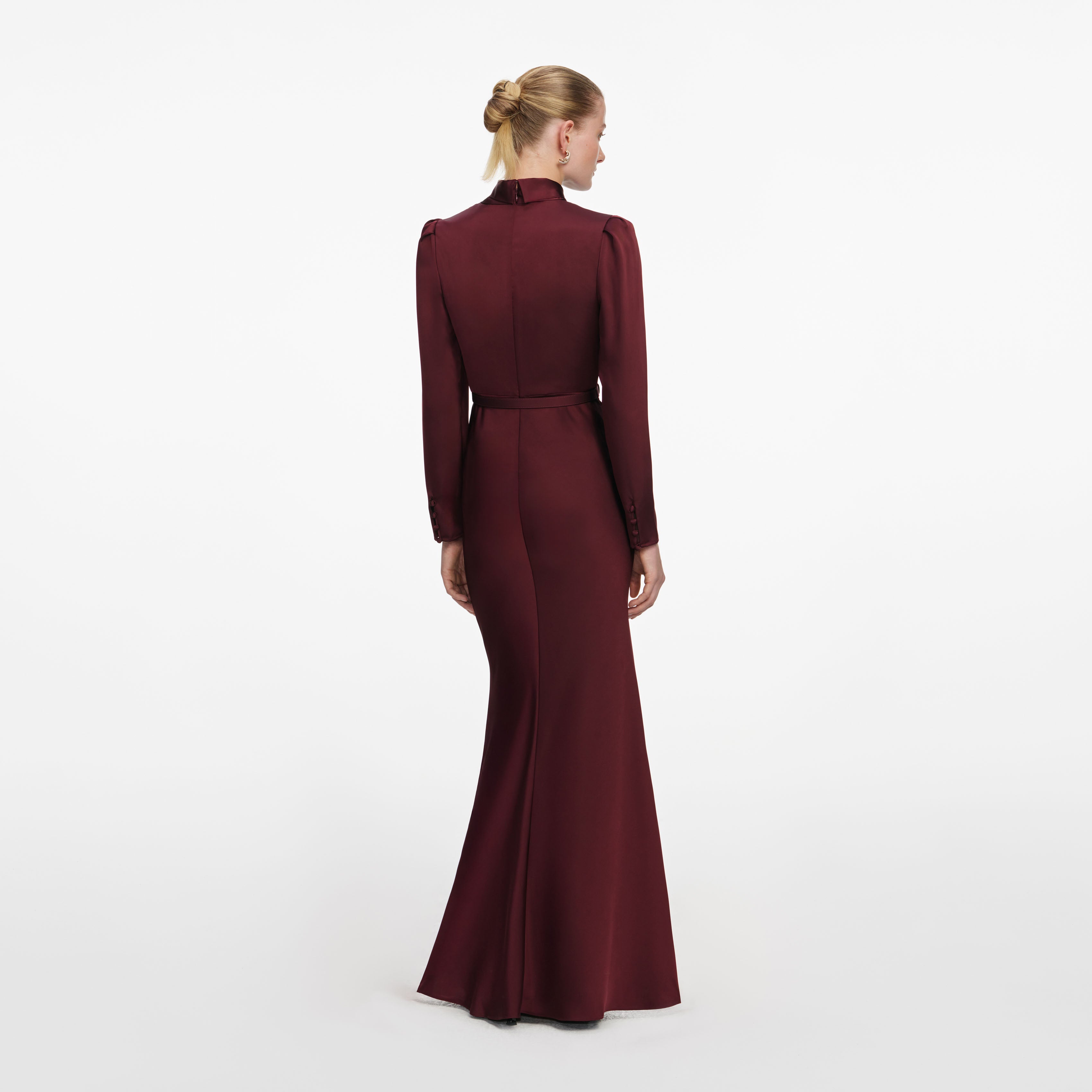 Self Portrait Burgundy Tie Neck Satin Maxi Dress Burgunder UK 8