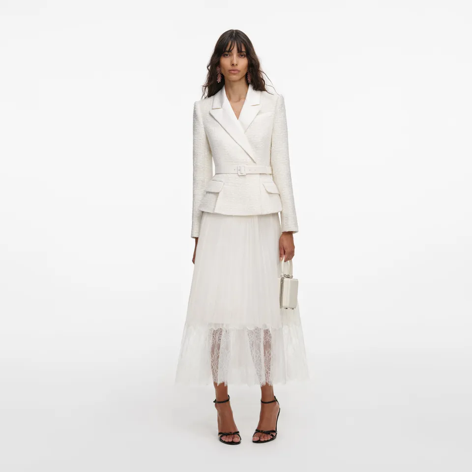 Self Portrait Dresses Bouclé Chiffon Midikleid UK 8 Creme